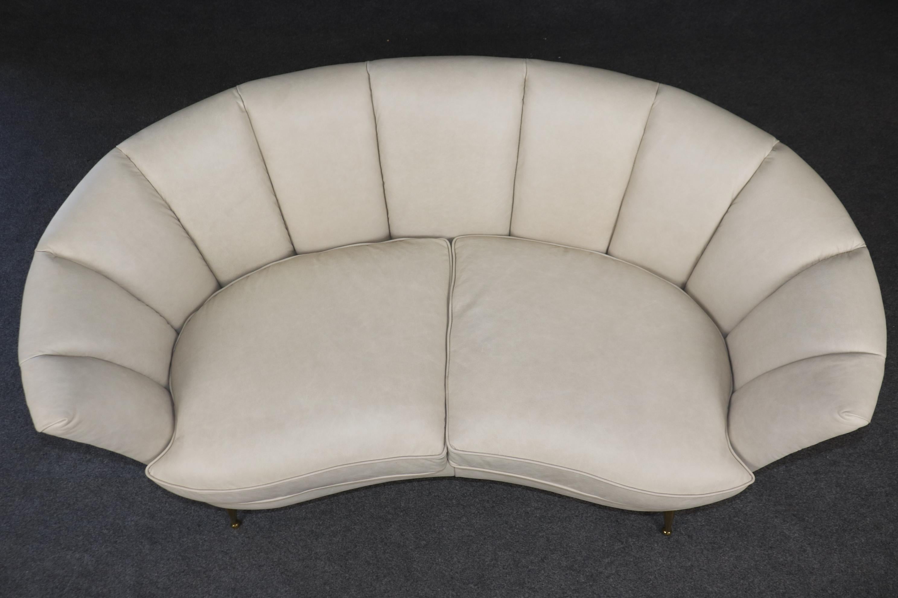 Channel Back Italian Mid Century Modern Genuine Leather Upholstered Settee 1