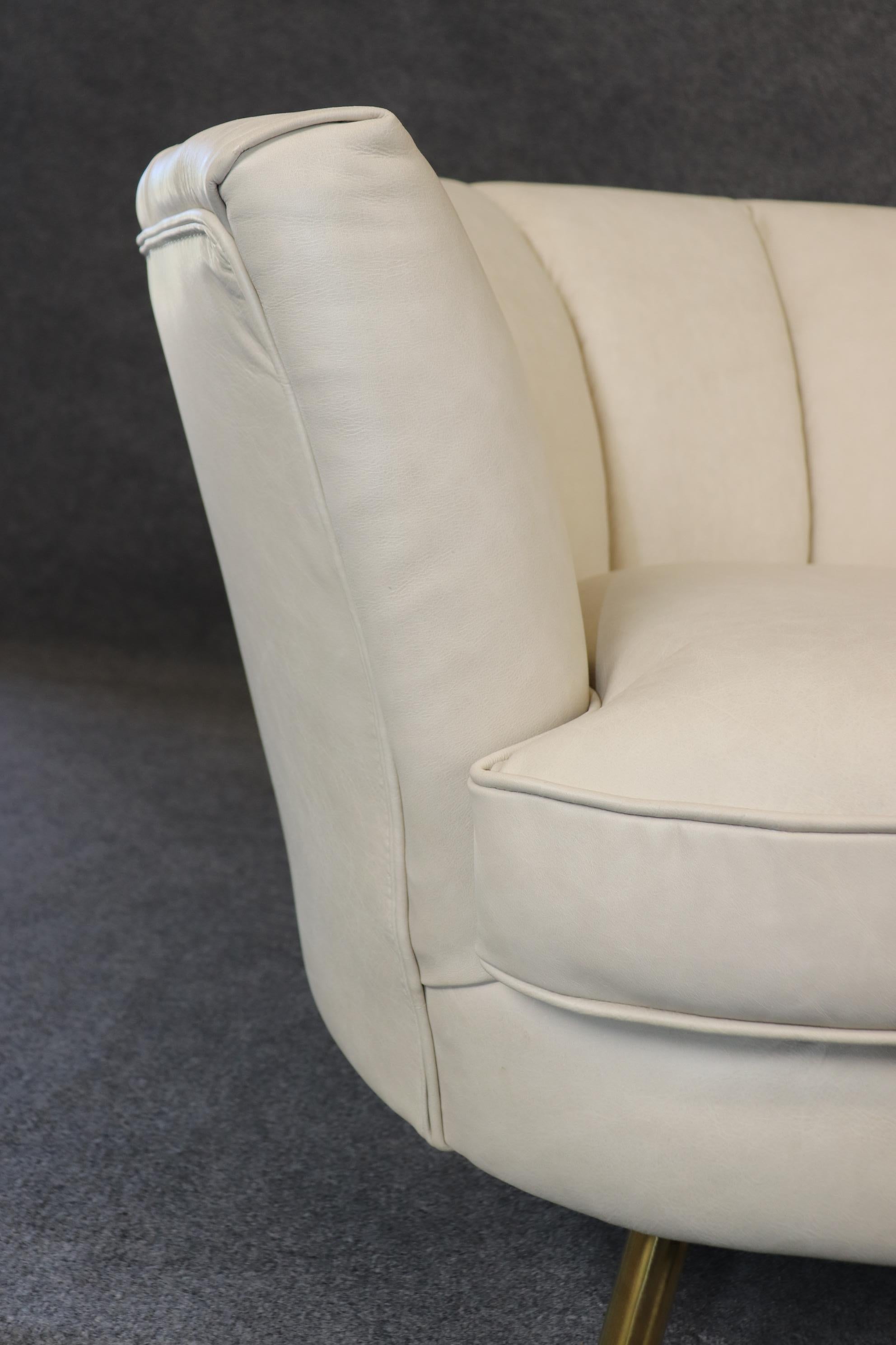 Channel Back Italian Mid Century Modern Genuine Leather Upholstered Settee 3