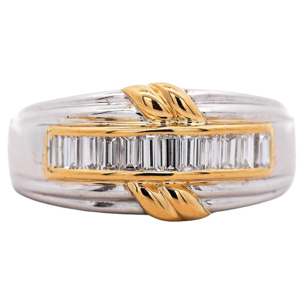 Anello a fascia con diamante Baguette a canale in platino e oro 18 carati