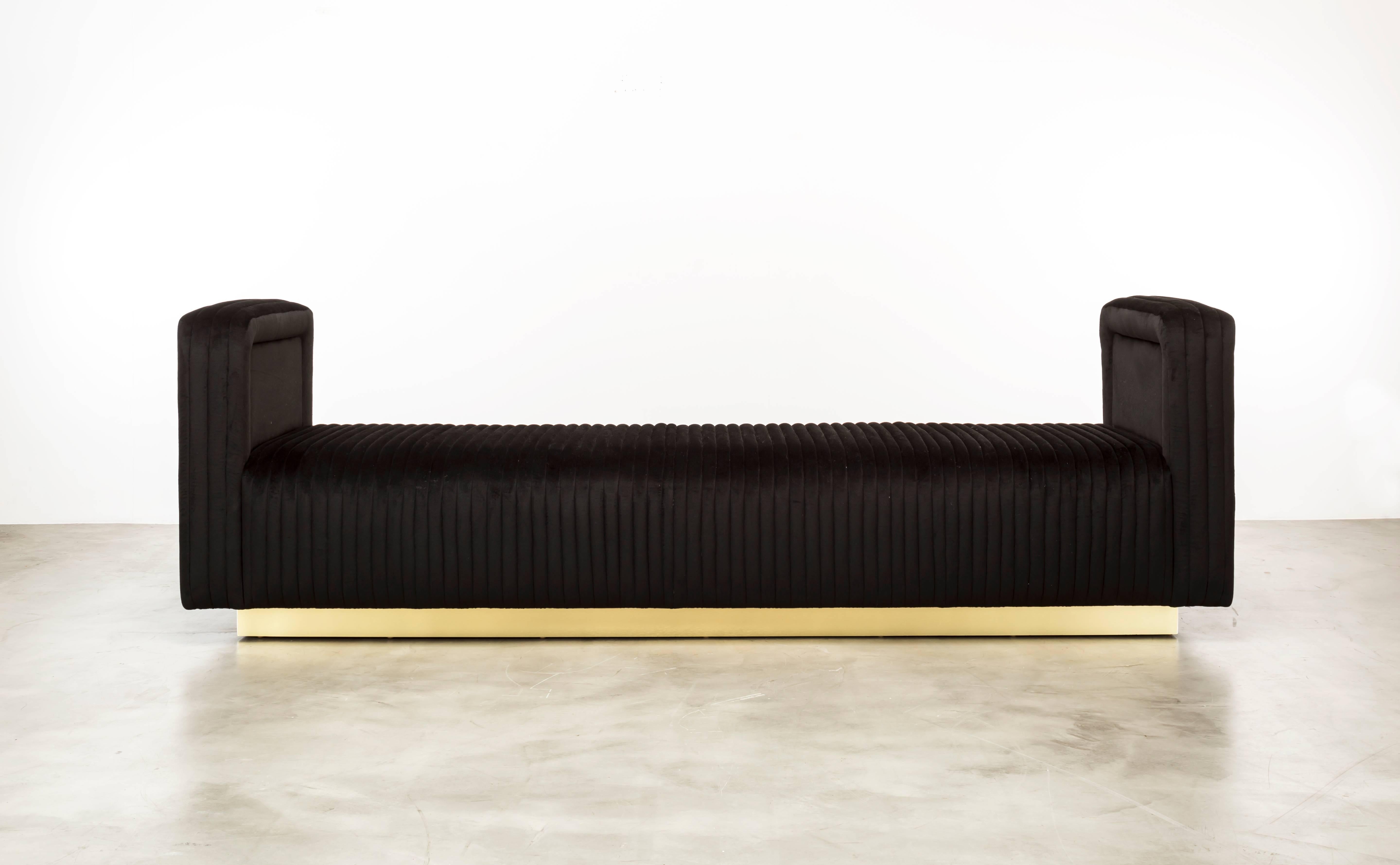 The Channel Daybed inspired by vintage car interiors features channeled waterfall leather on a plinth base.   Fully custom and made to order in California.  As shown in Glam Velvet $11,790.  Starting at $10,950.