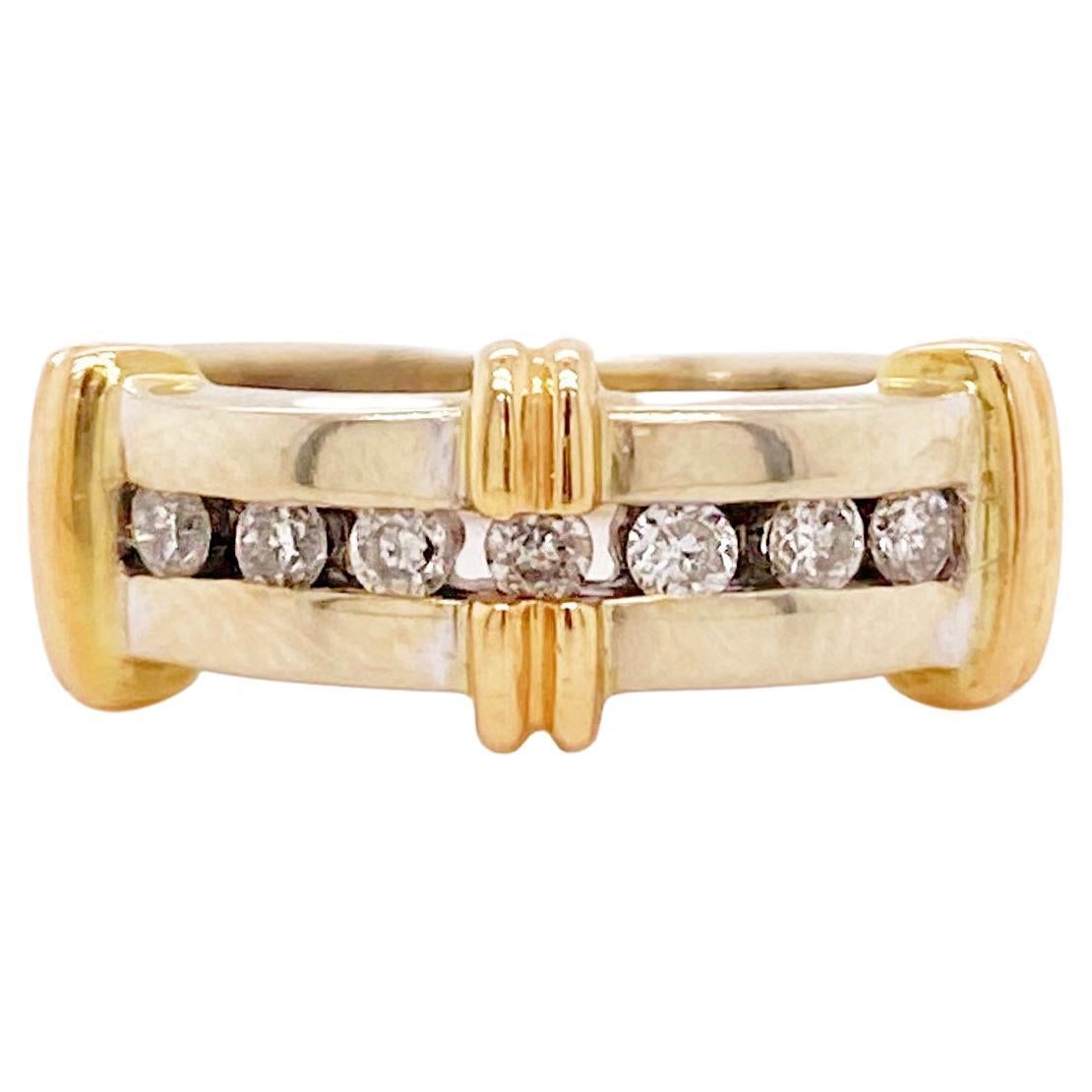 For Sale:  Channel Diamond Band, 14K Mixed Metal Ring w 7 Diamonds, Wide Band