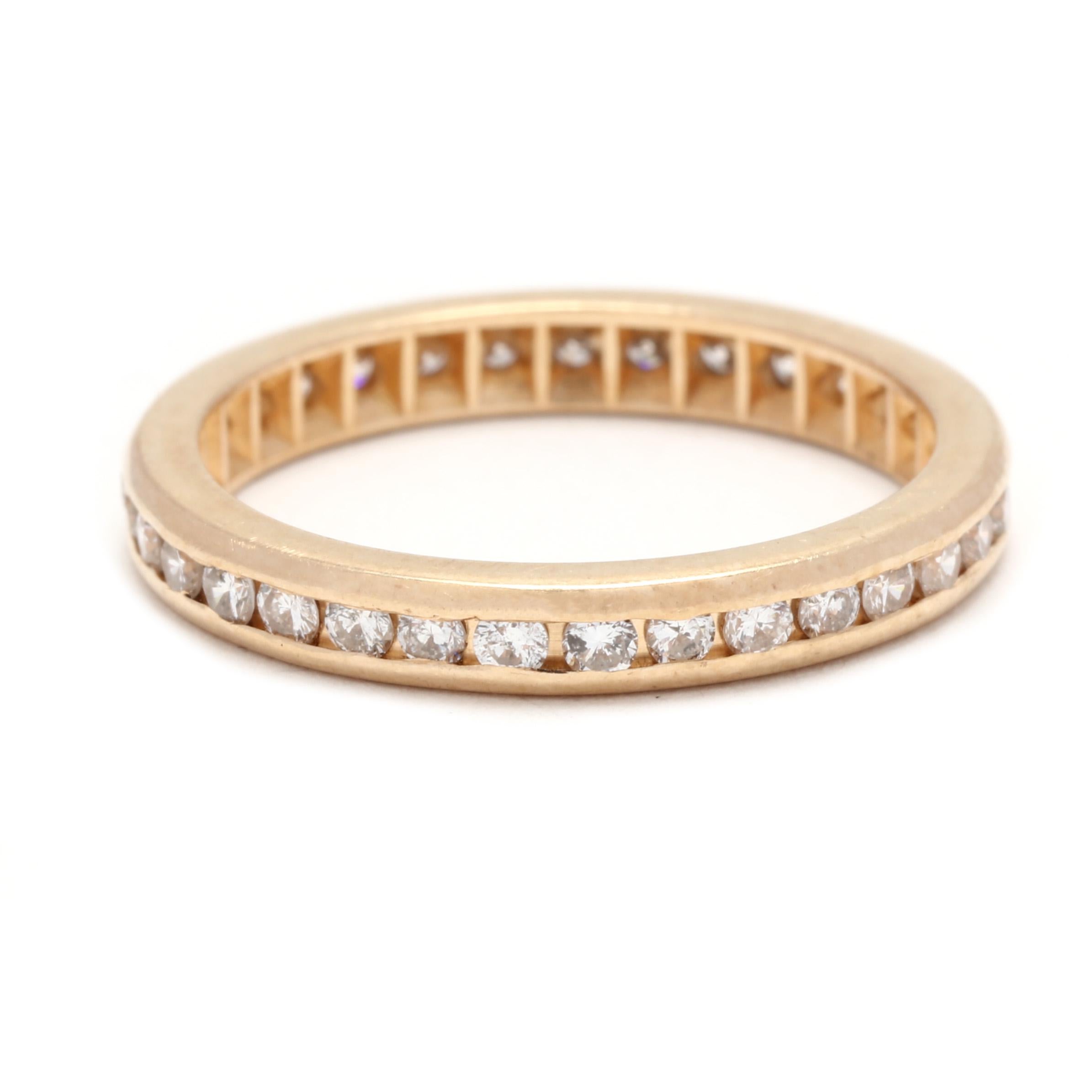 Channel Diamond Eternity Wedding Band, 14K Yellow Gold, Ring Size 6 In Good Condition For Sale In McLeansville, NC