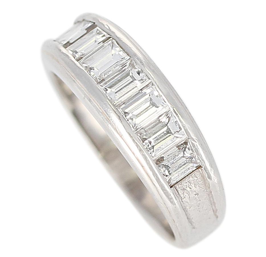 Emerald Cut Channel Invisible Set Diamond Wedding Band, Platinum and 18 Karat White Gold For Sale