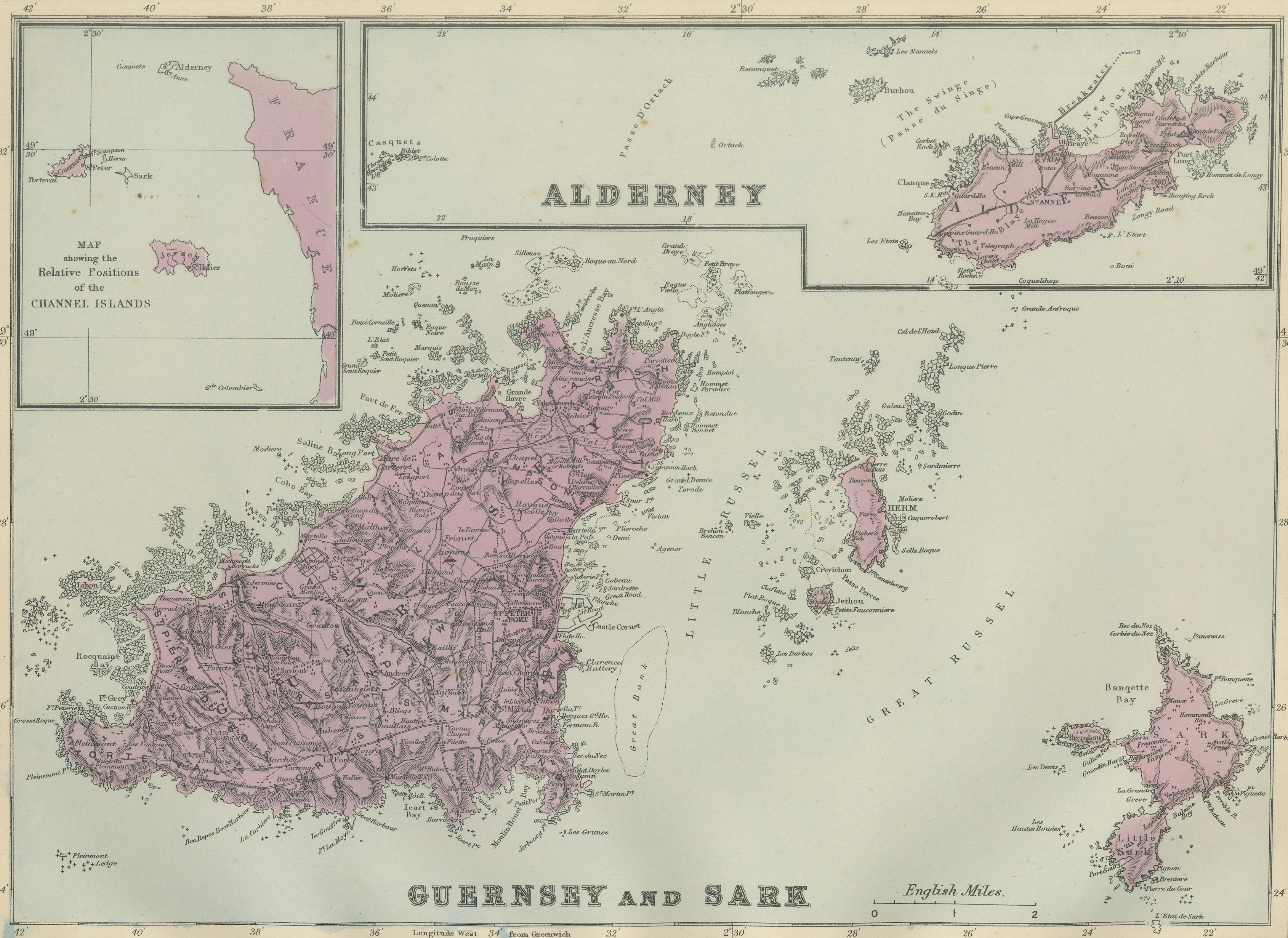 Channel Islands Map, Jersey Guernsey Alderney Sark, Bacon London, 1885