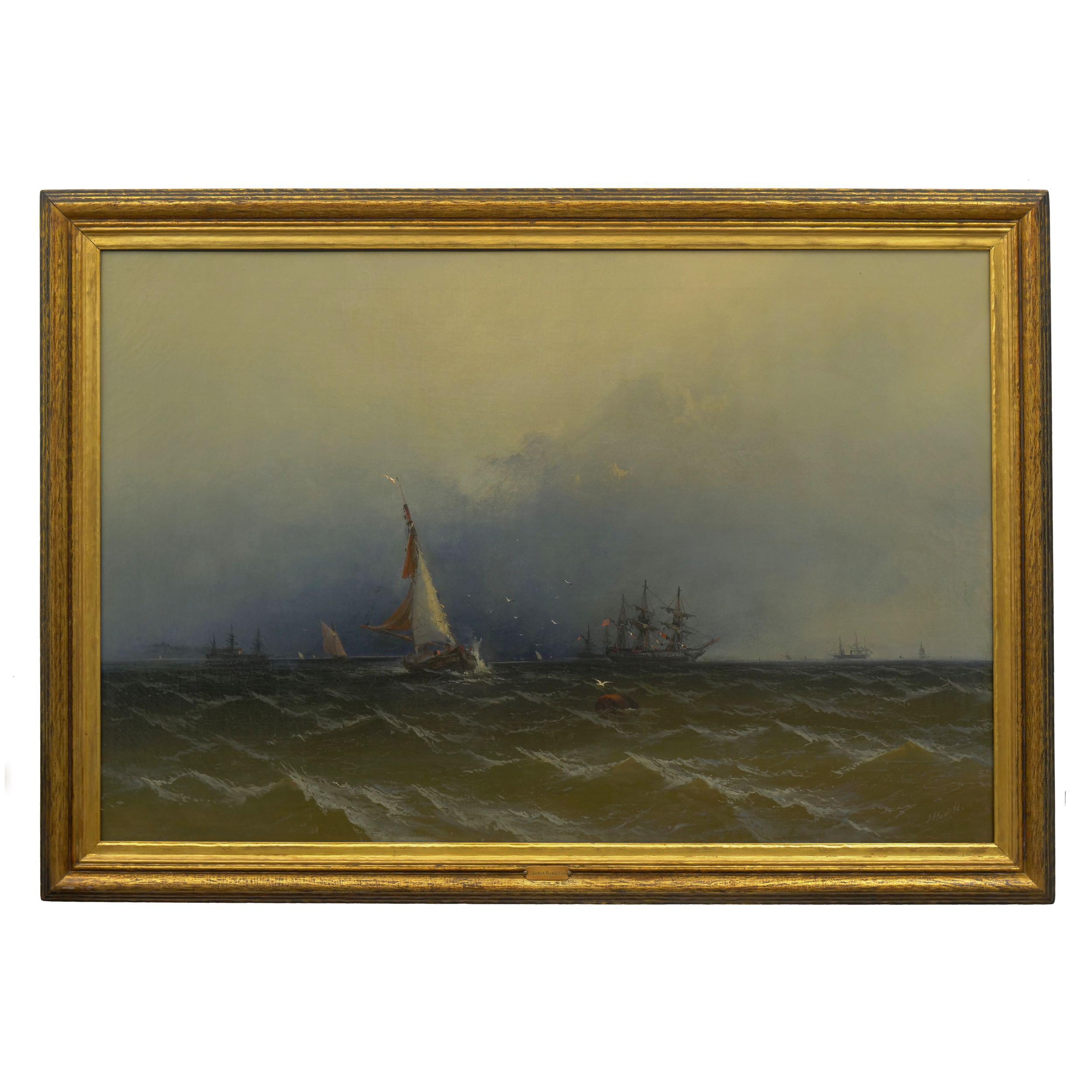 A moving scene with the energy of the wind evident in the chaos of the vessels as light plays through the dense foggy atmosphere of the looming clouds, casting its variations of warm direct light on the barrel bobbing in the nearest waves and its