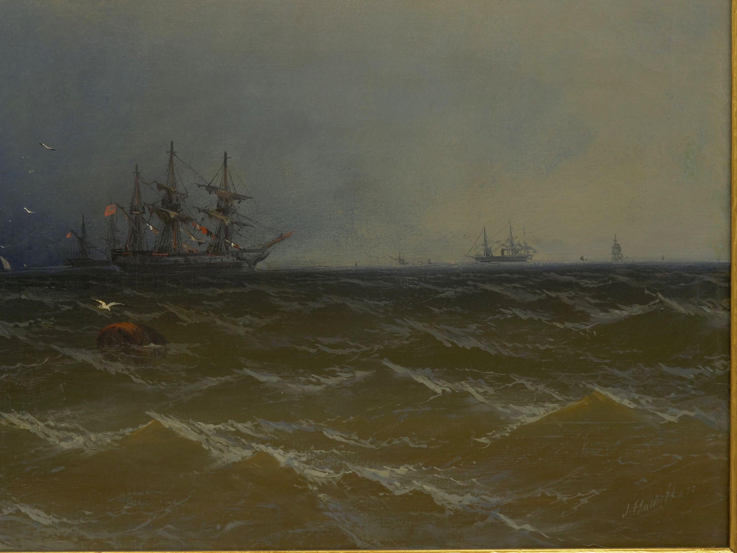 “Channel Scenery” '1864' Marine Seascape Nautical Painting by James Hamilton In Good Condition In Shippensburg, PA