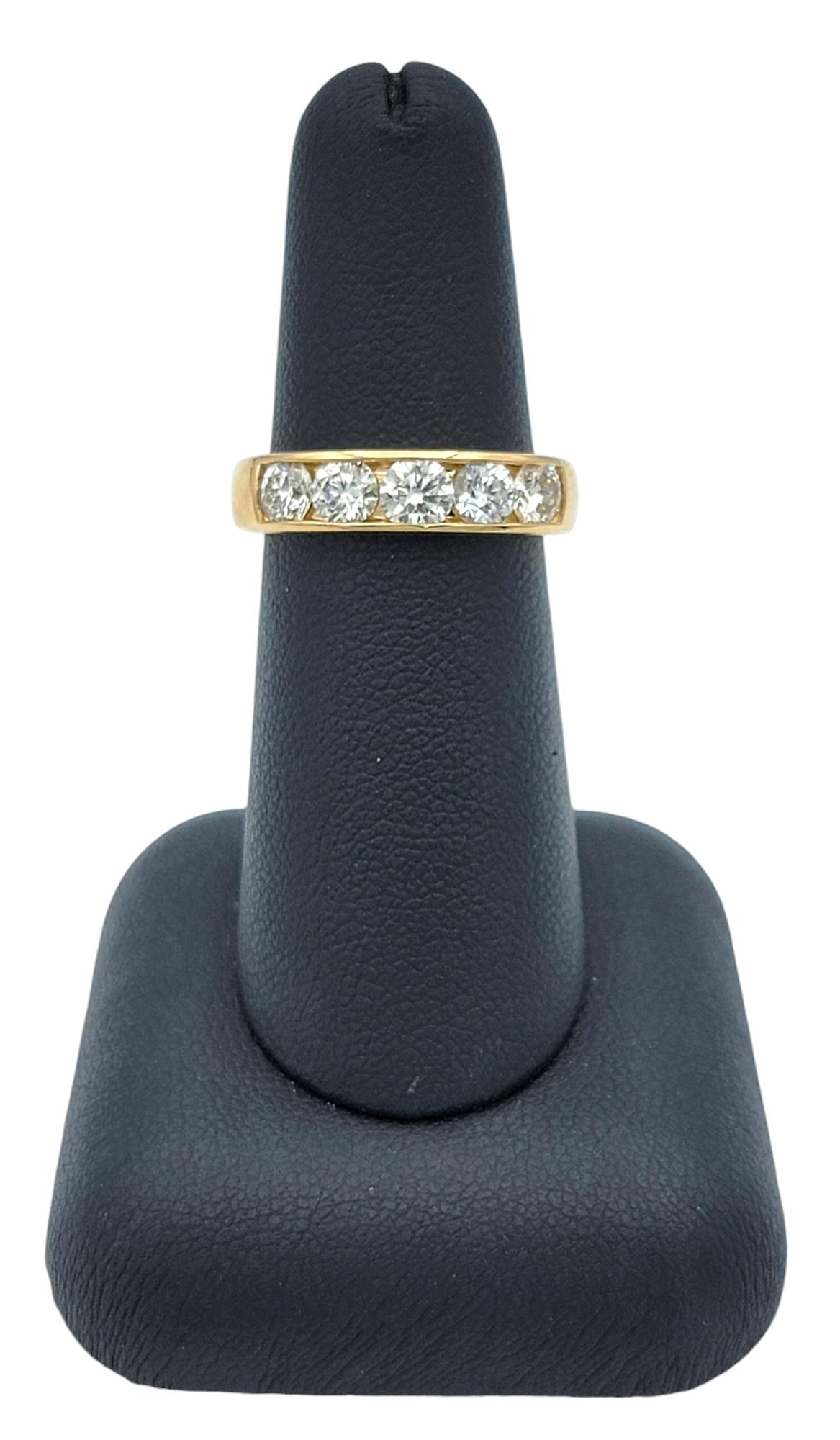 Channel Set 5 Stone Round Diamond Band Ring in 14 Karat Yellow Gold, F-G / VS For Sale 5