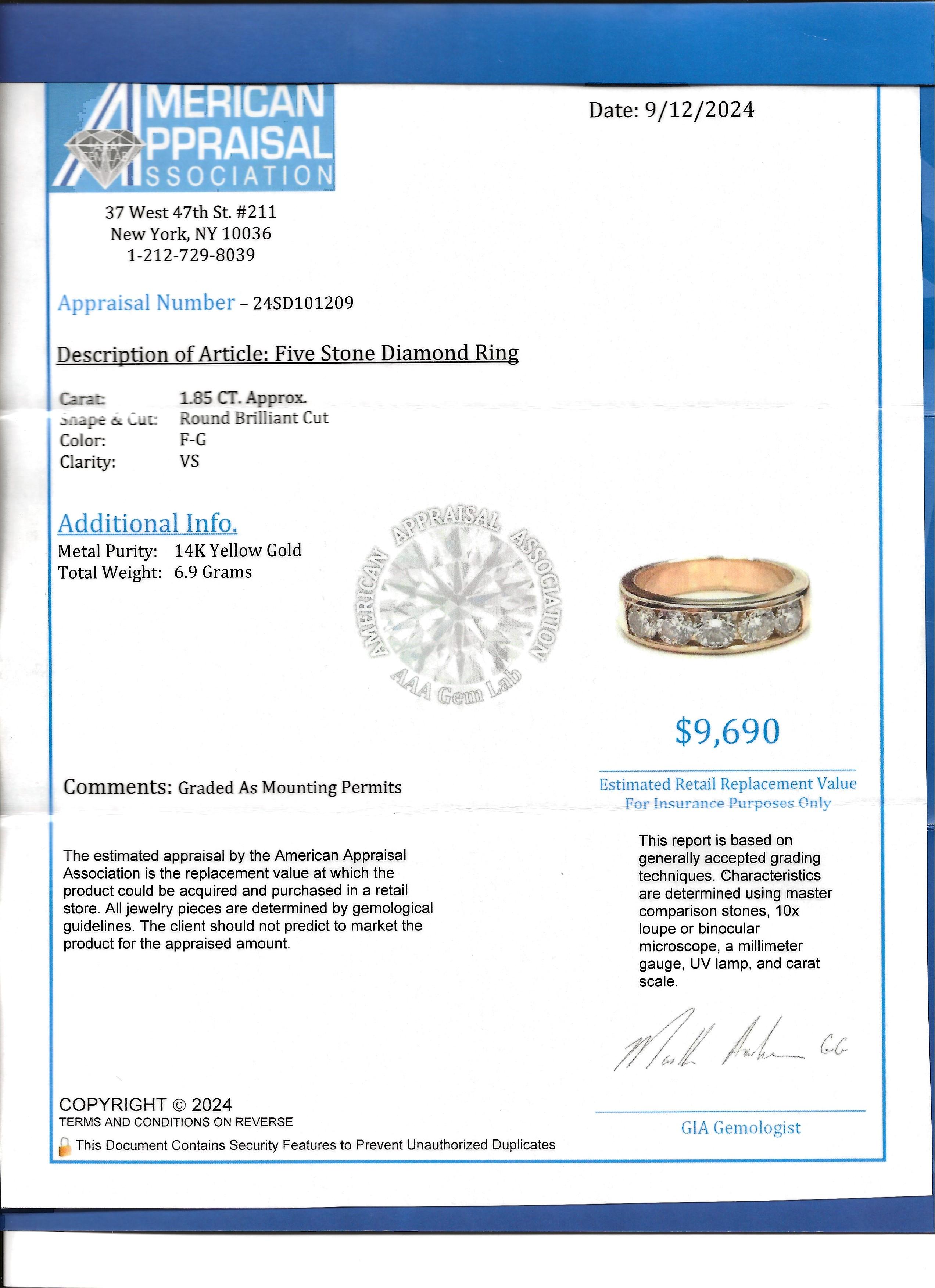 Channel Set 5 Stone Round Diamond Band Ring in 14 Karat Yellow Gold, F-G / VS For Sale 7