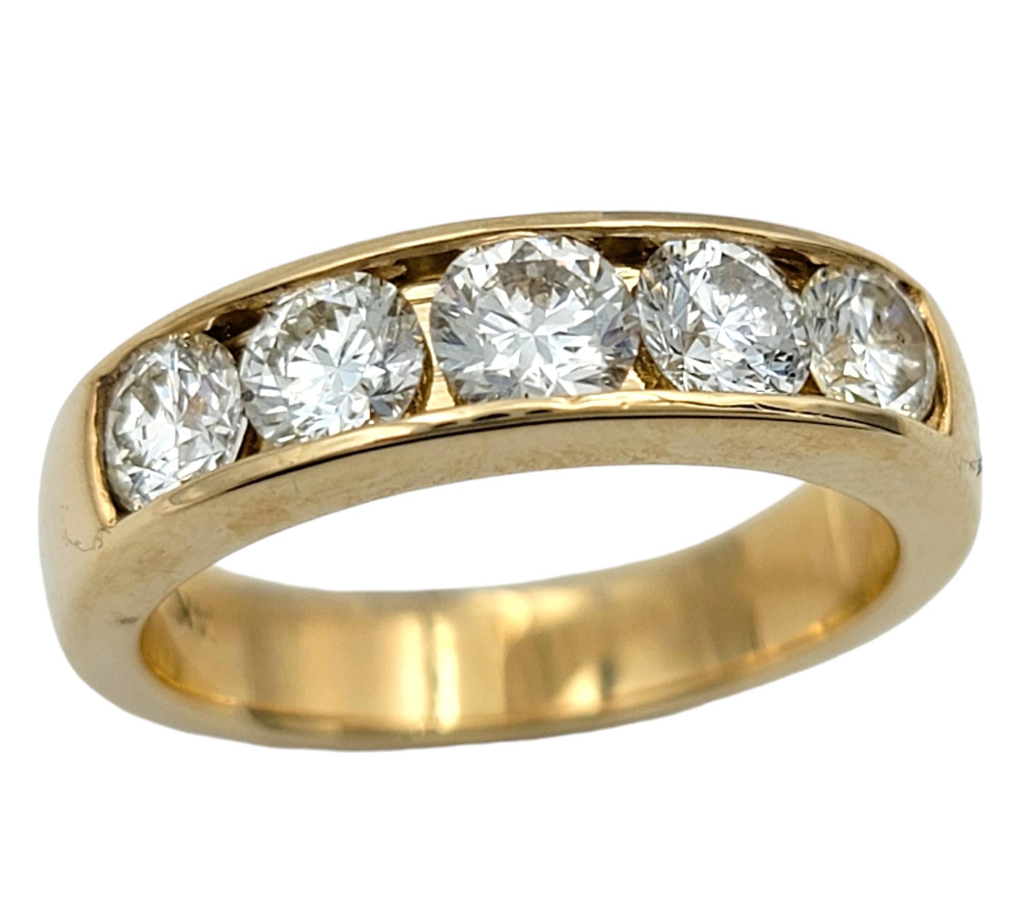 Contemporary Channel Set 5 Stone Round Diamond Band Ring in 14 Karat Yellow Gold, F-G / VS For Sale