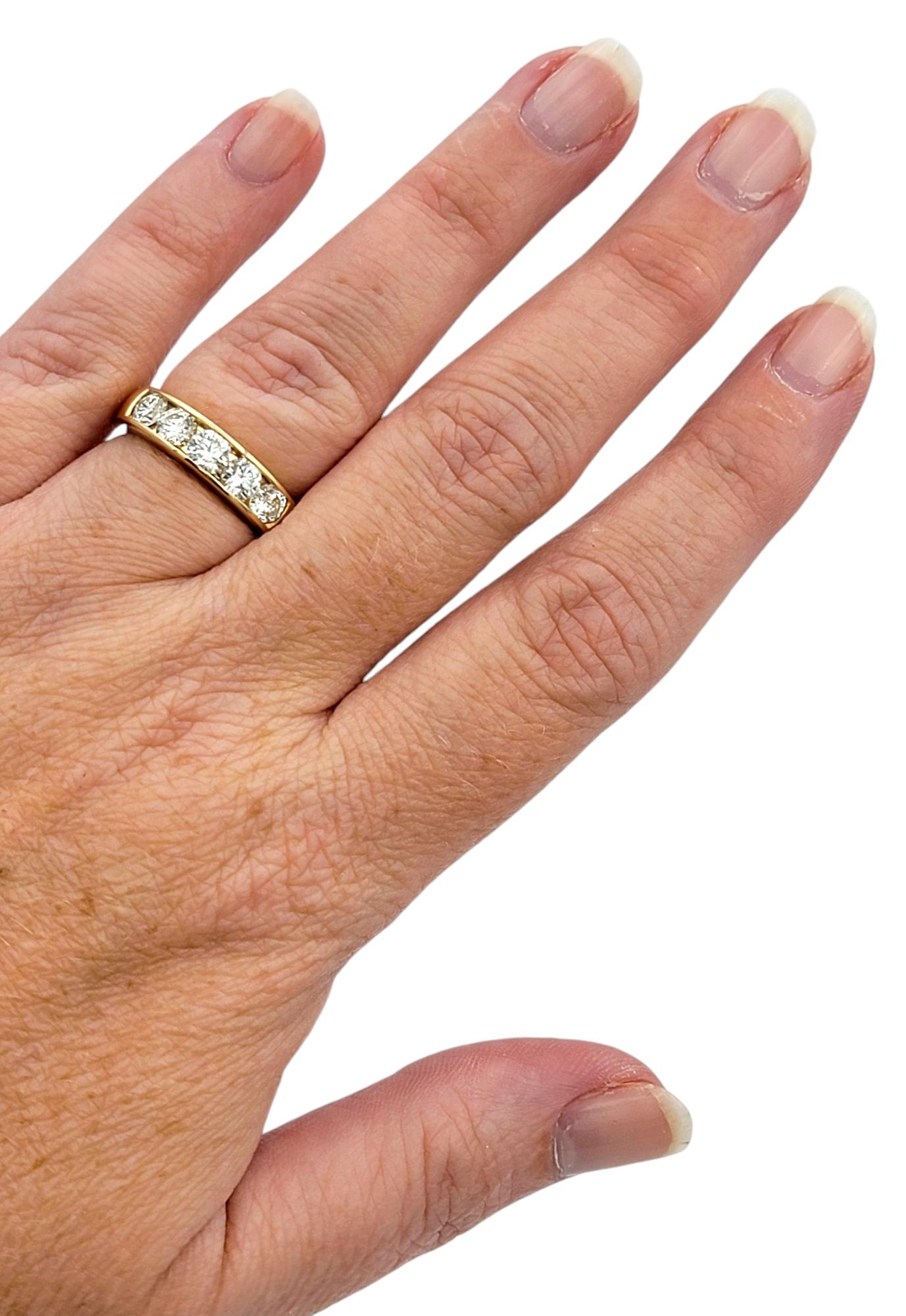 Channel Set 5 Stone Round Diamond Band Ring in 14 Karat Yellow Gold, F-G / VS For Sale 3