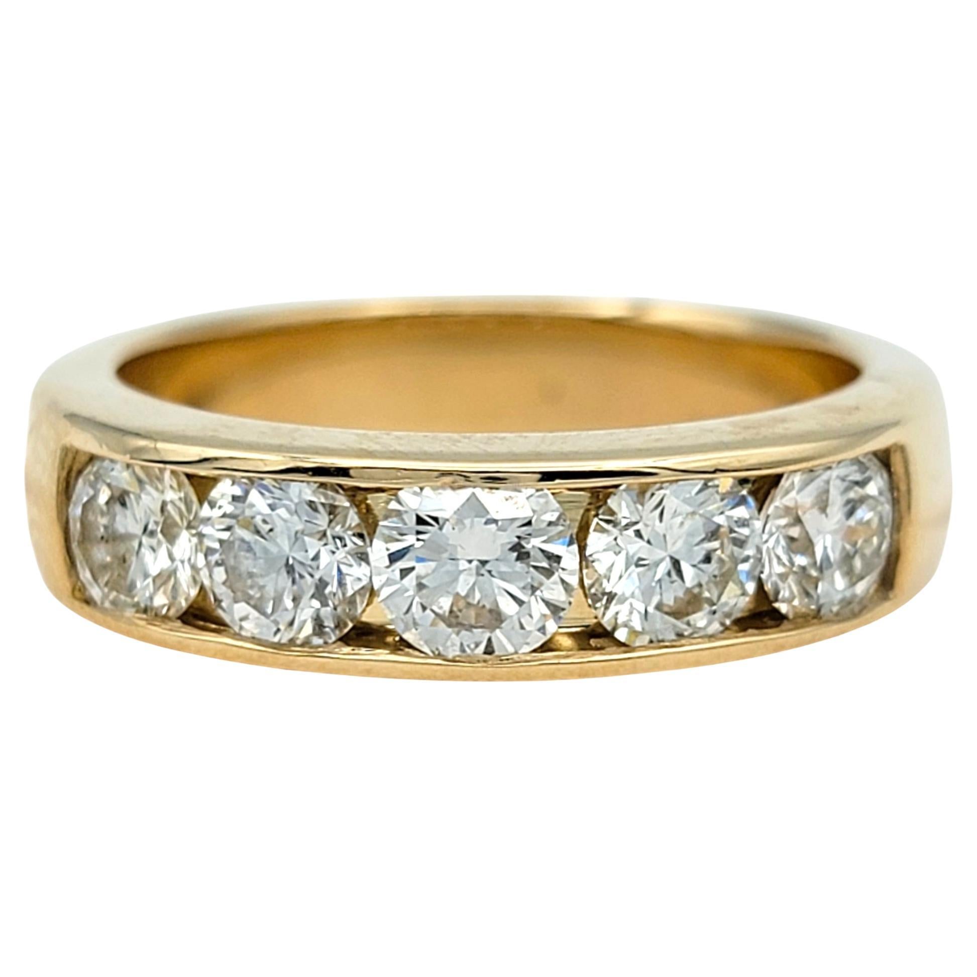 Channel Set 5 Stone Round Diamond Band Ring in 14 Karat Yellow Gold, F-G / VS For Sale