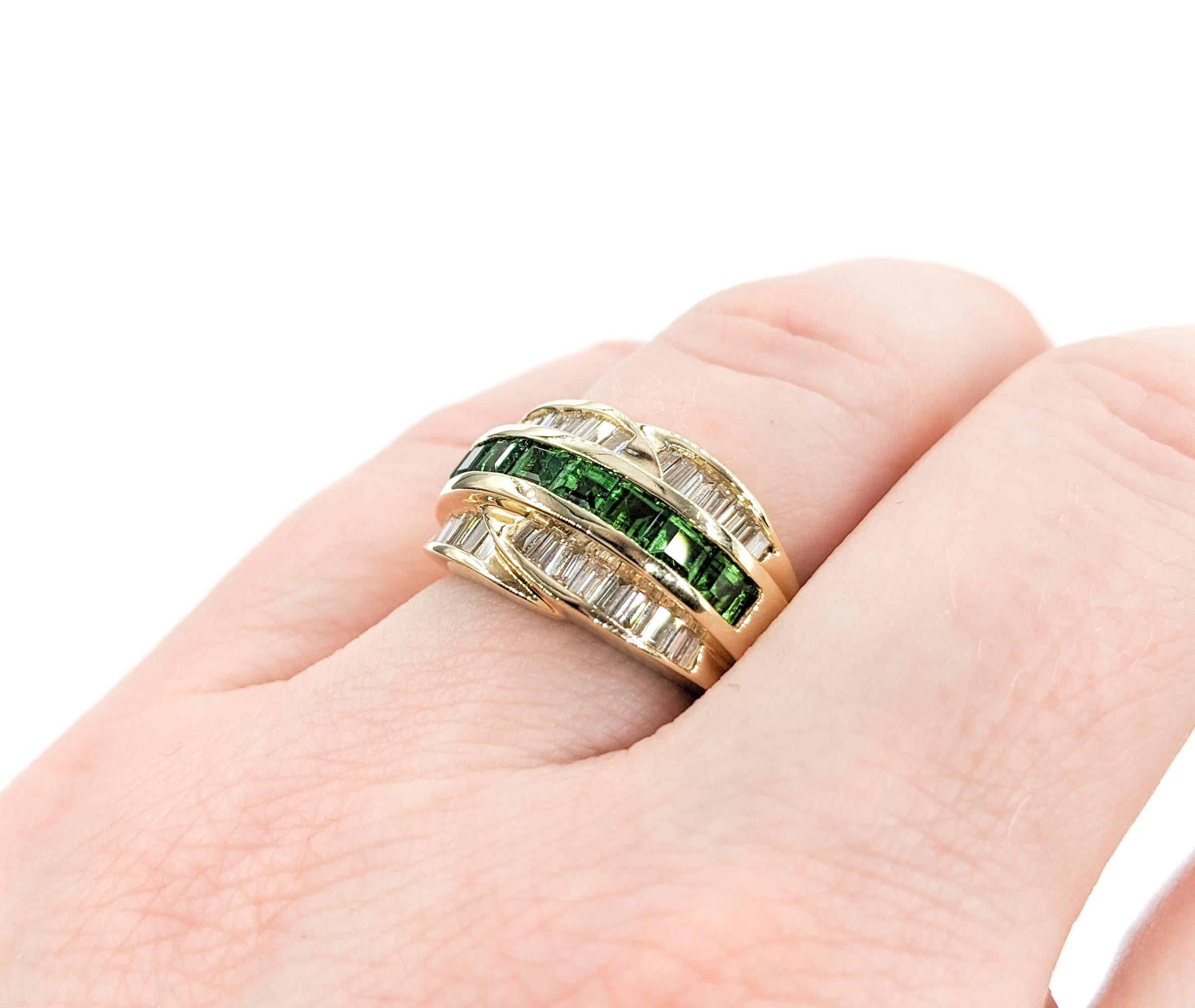 Contemporary Channel Set .54ctw Tsavorite Garnets & .75ctw diamonds Ring In Yellow Gold For Sale