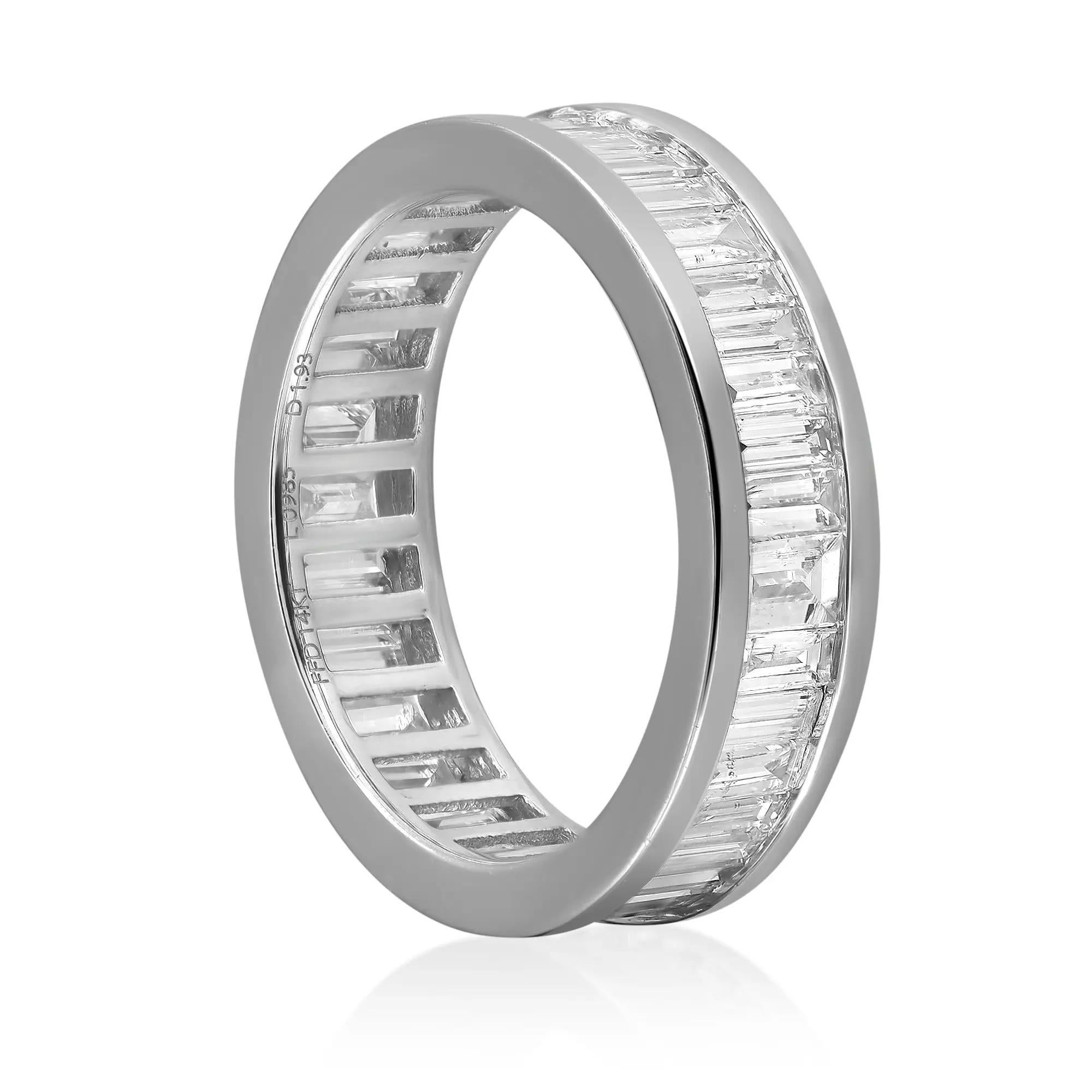 Desirable and unique diamond eternity band ring featuring bright white scintillating baguette cut diamonds studded in channel setting. The one of a kind handmade stackable stunning beauty. Crafted in fine 14K white gold. Total diamond weight: 1.93