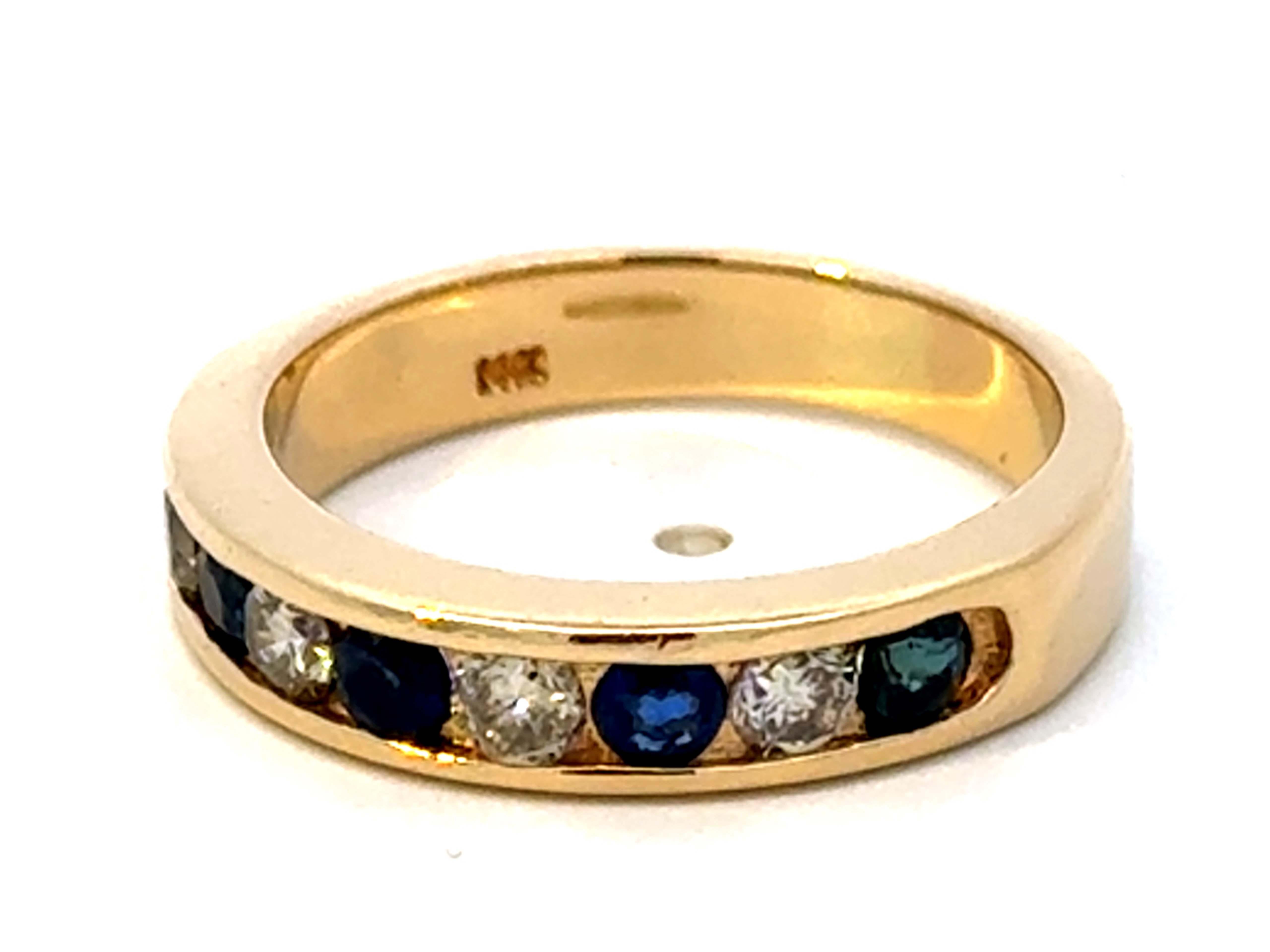 Channel Set Blue Sapphire and Diamond Band Ring 14K Yellow Gold In Excellent Condition For Sale In Honolulu, HI