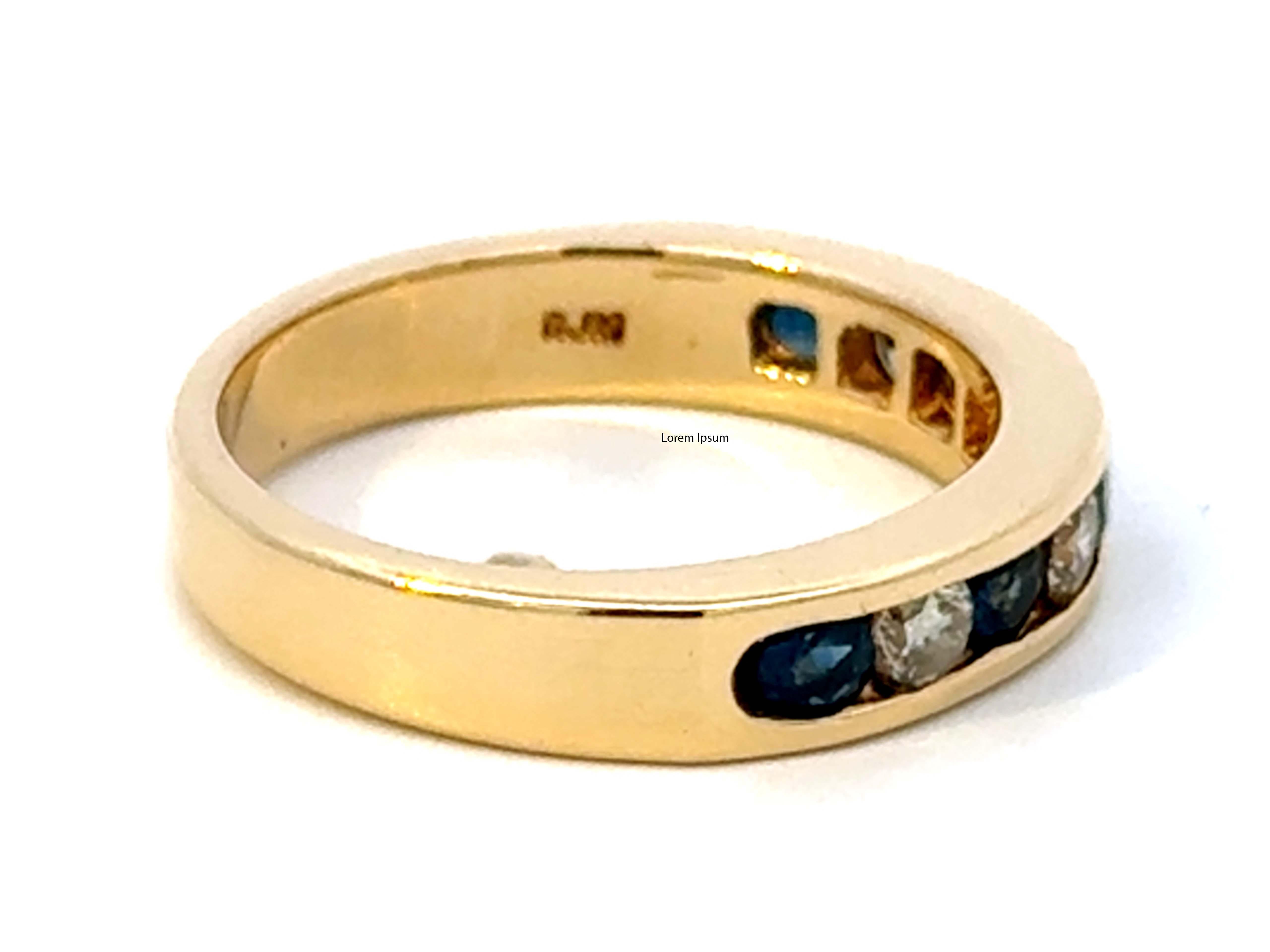 Women's or Men's Channel Set Blue Sapphire and Diamond Band Ring 14K Yellow Gold For Sale