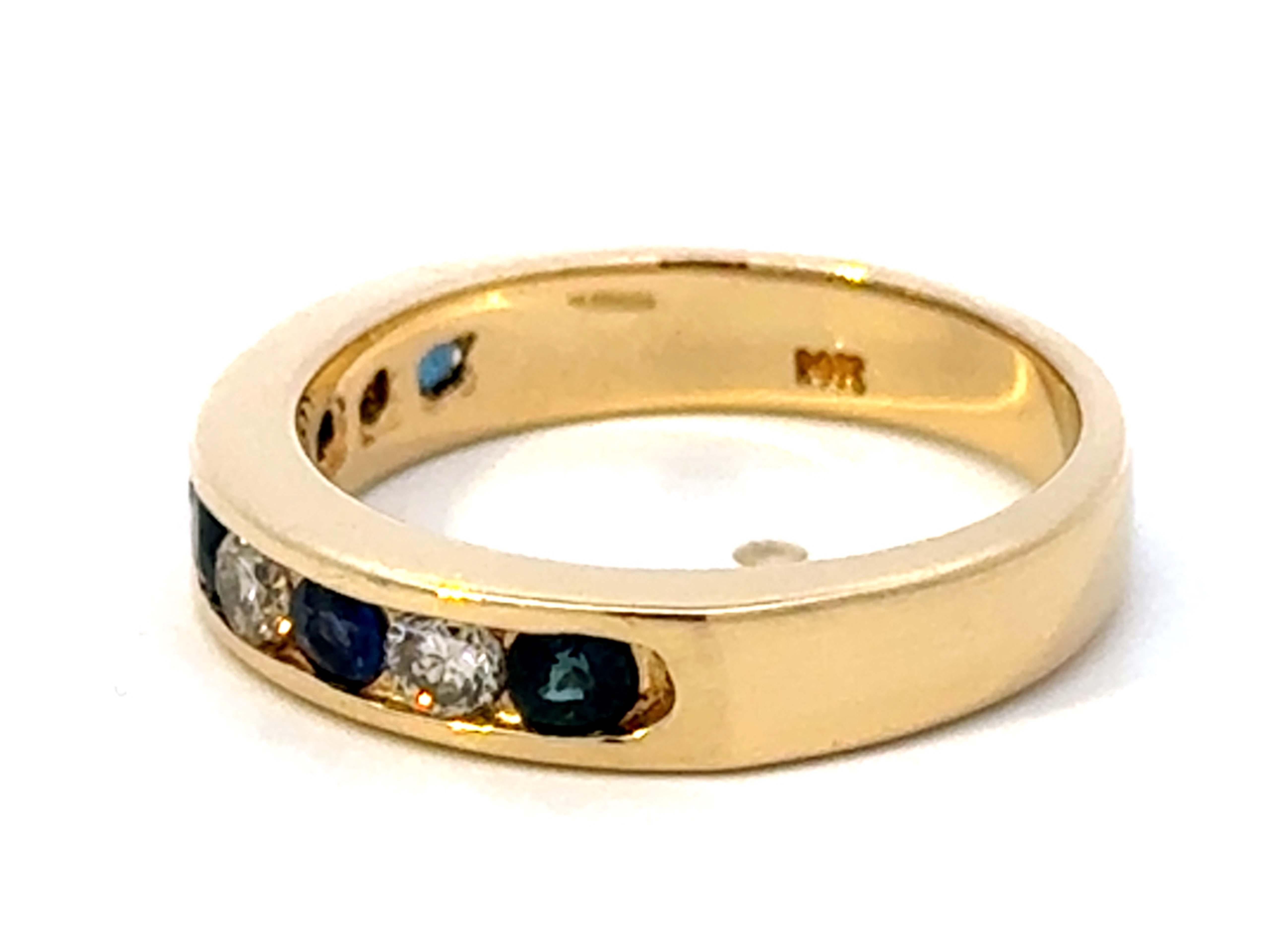Channel Set Blue Sapphire and Diamond Band Ring 14K Yellow Gold For Sale 1