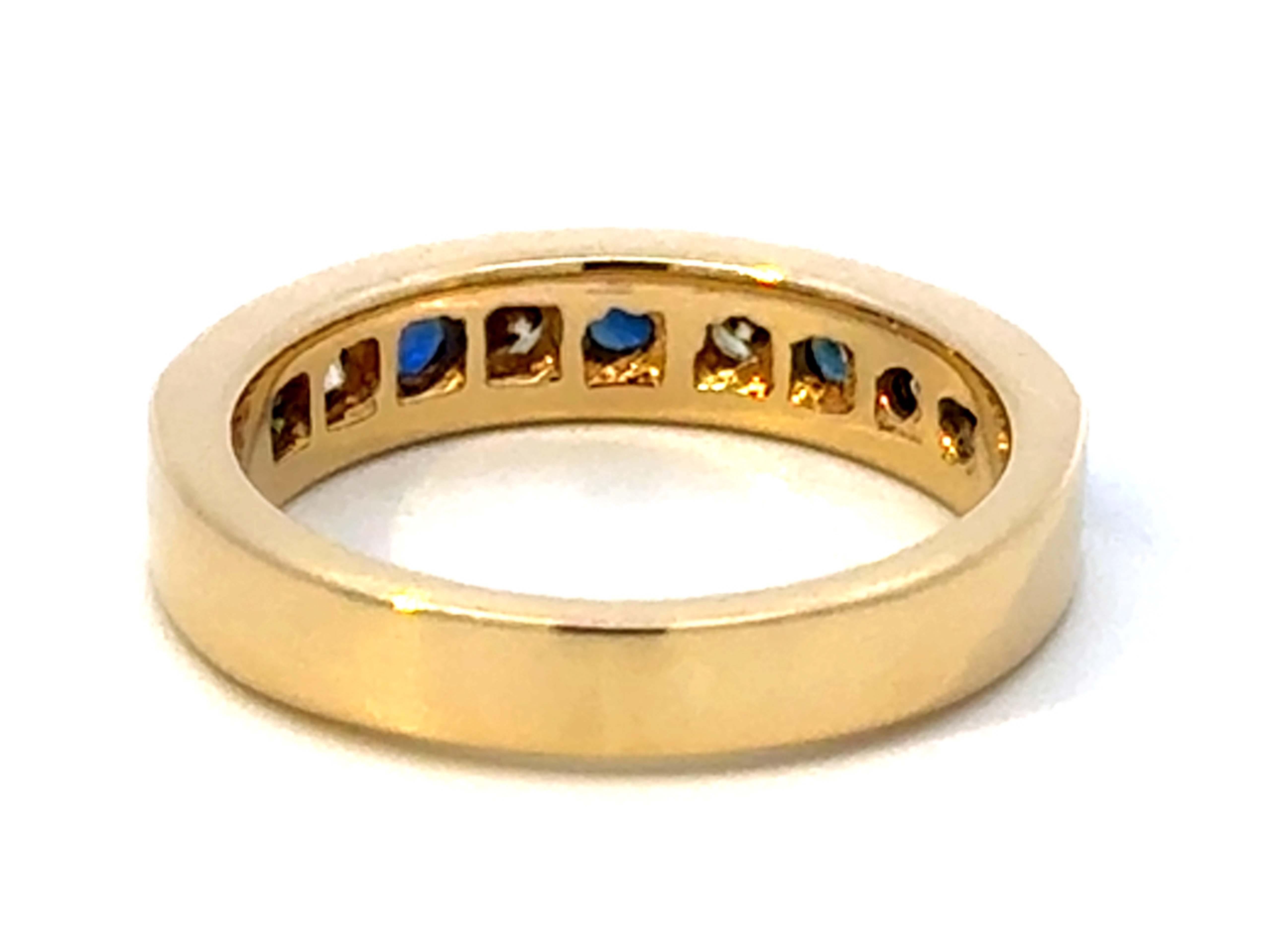 Channel Set Blue Sapphire and Diamond Band Ring 14K Yellow Gold For Sale 2