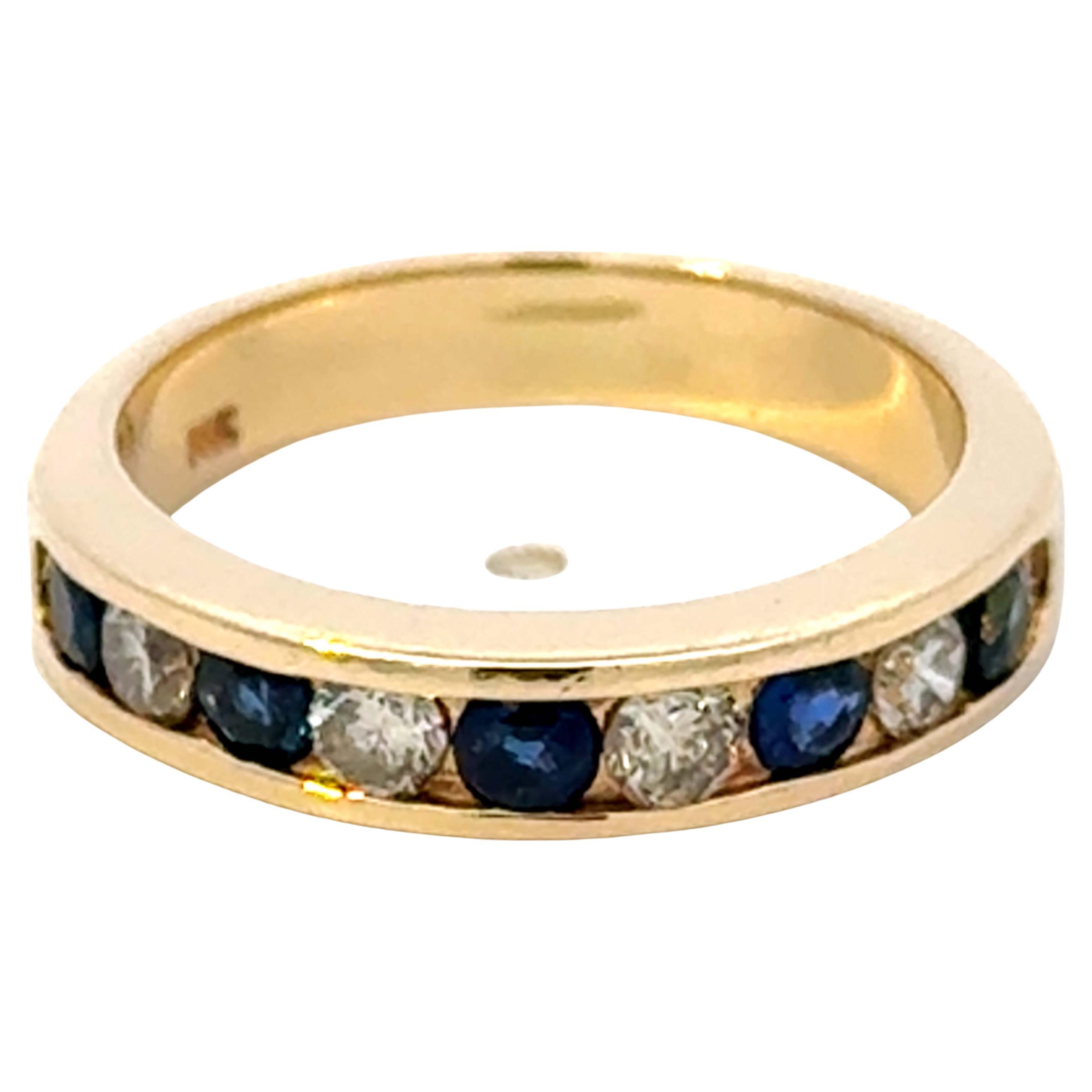 Channel Set Blue Sapphire and Diamond Band Ring 14K Yellow Gold