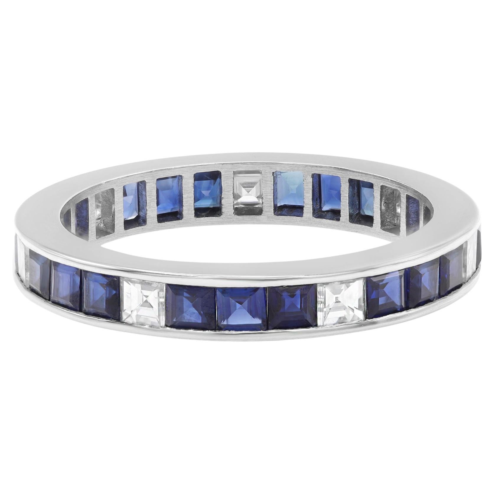 Channel Set Blue Sapphire Diamond Eternity Band Ring Platinum 1.20ctw For Sale