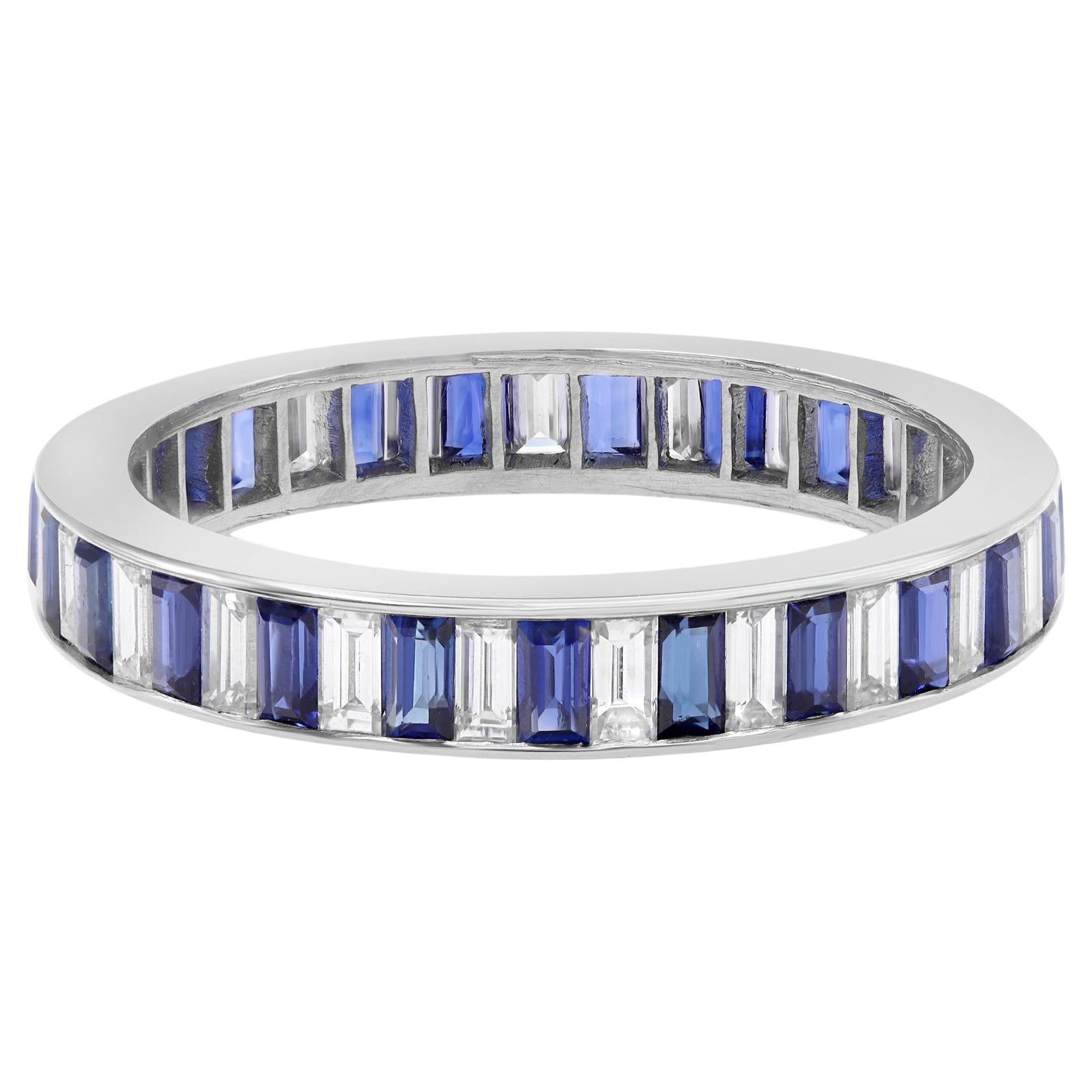 Channel Set Blue Sapphire Diamond Eternity Band Ring Platinum 1.72Cttw Size 6.75 For Sale