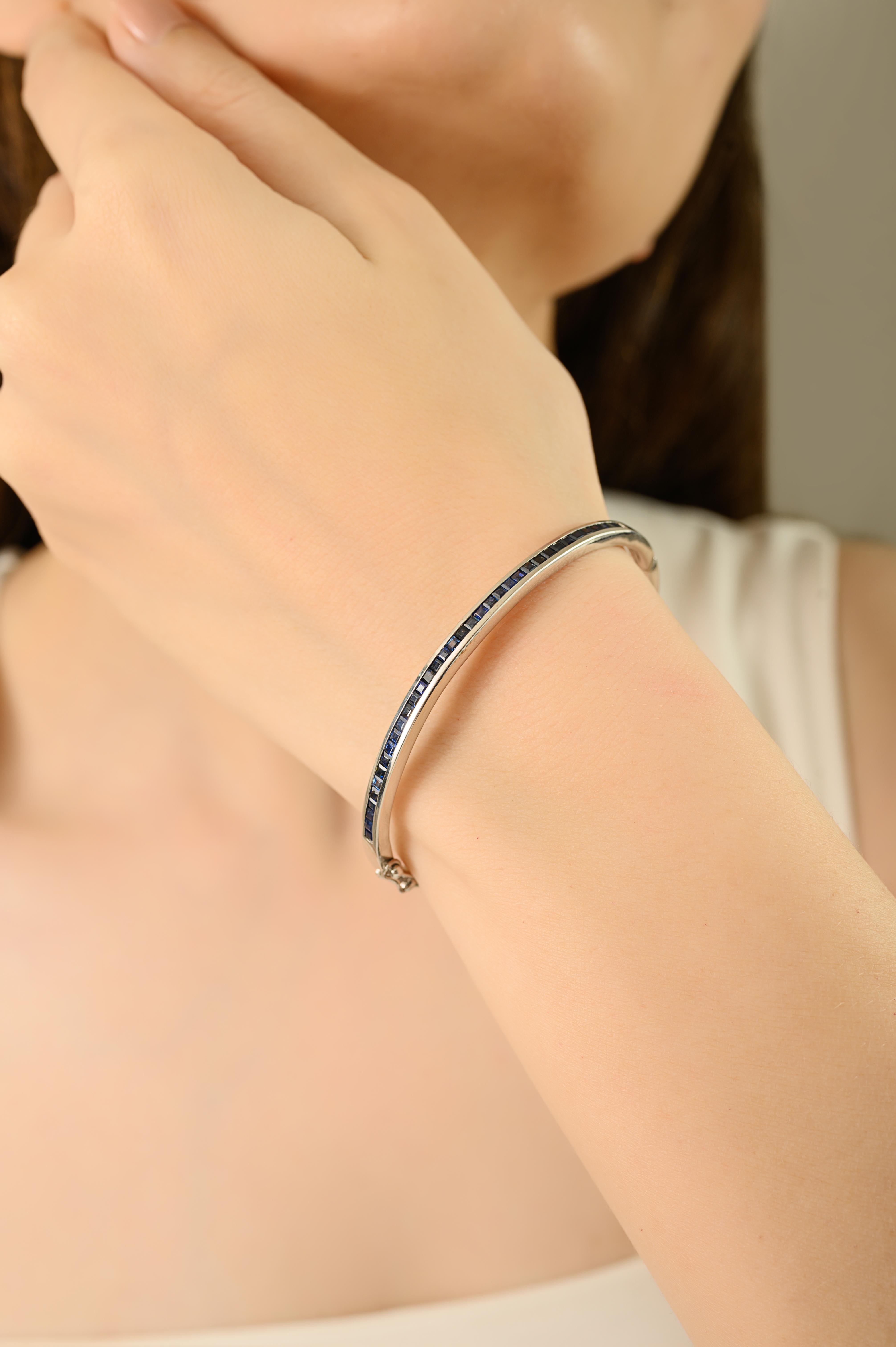 Women's Channel-Set Blue Sapphire Stackable Bangle Bracelet in 925 Silver Jewelry For Sale