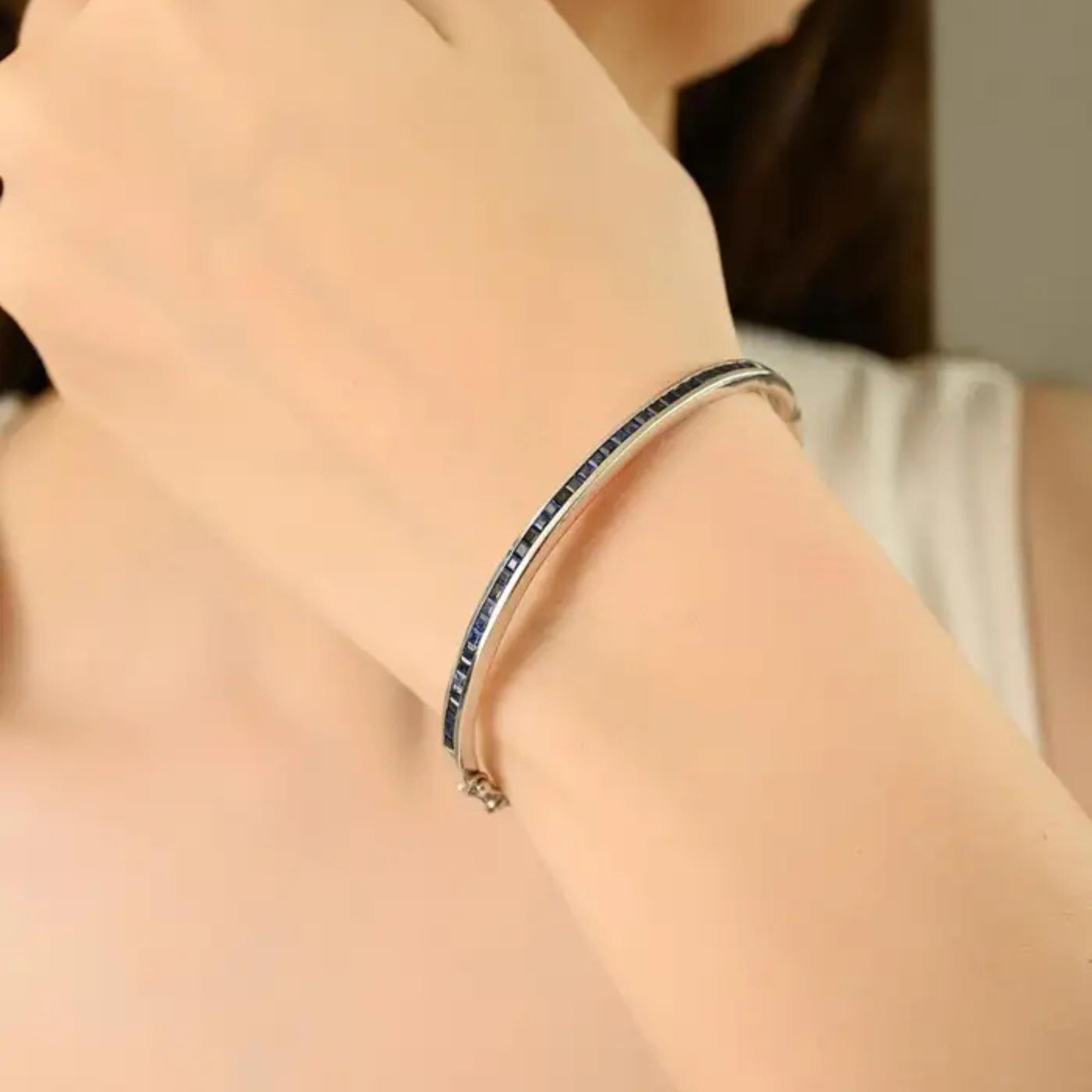 Silvorra Channel-Set Blue Sapphire Stackable Bangle Bracelet in Silver Jewelry For Sale 1