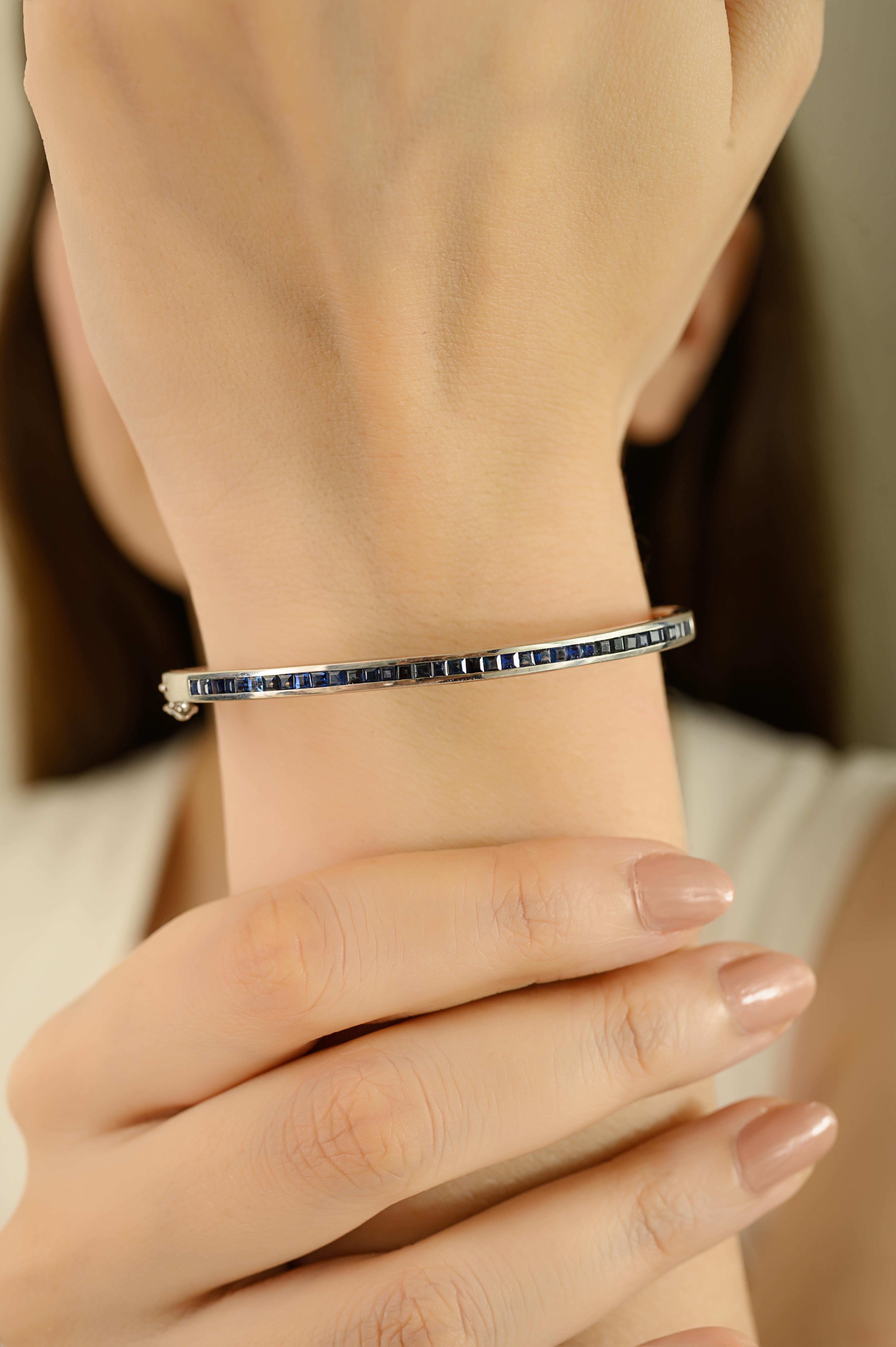 Channel-Set Blue Sapphire Stackable Bangle Bracelet in 925 Silver Jewelry For Sale 2