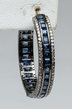 Channel Set Bue Sapphire and Diamond Hoop Earrings