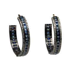 Channel Set Bue Sapphire and Diamond Hoop Earrings