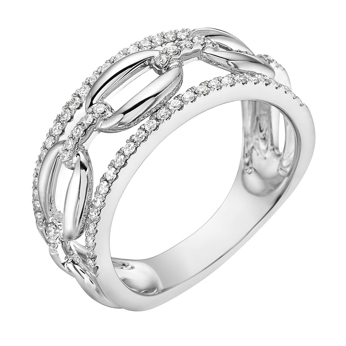 With this exquisite channel set chain link diamond ring, style and glamour are in the spotlight. This 14 karat white gold diamond ring is made from 4.7 grams of gold and is covered in 64 round SI1-SI2, GH color diamonds totaling 0.36ct. This ring is