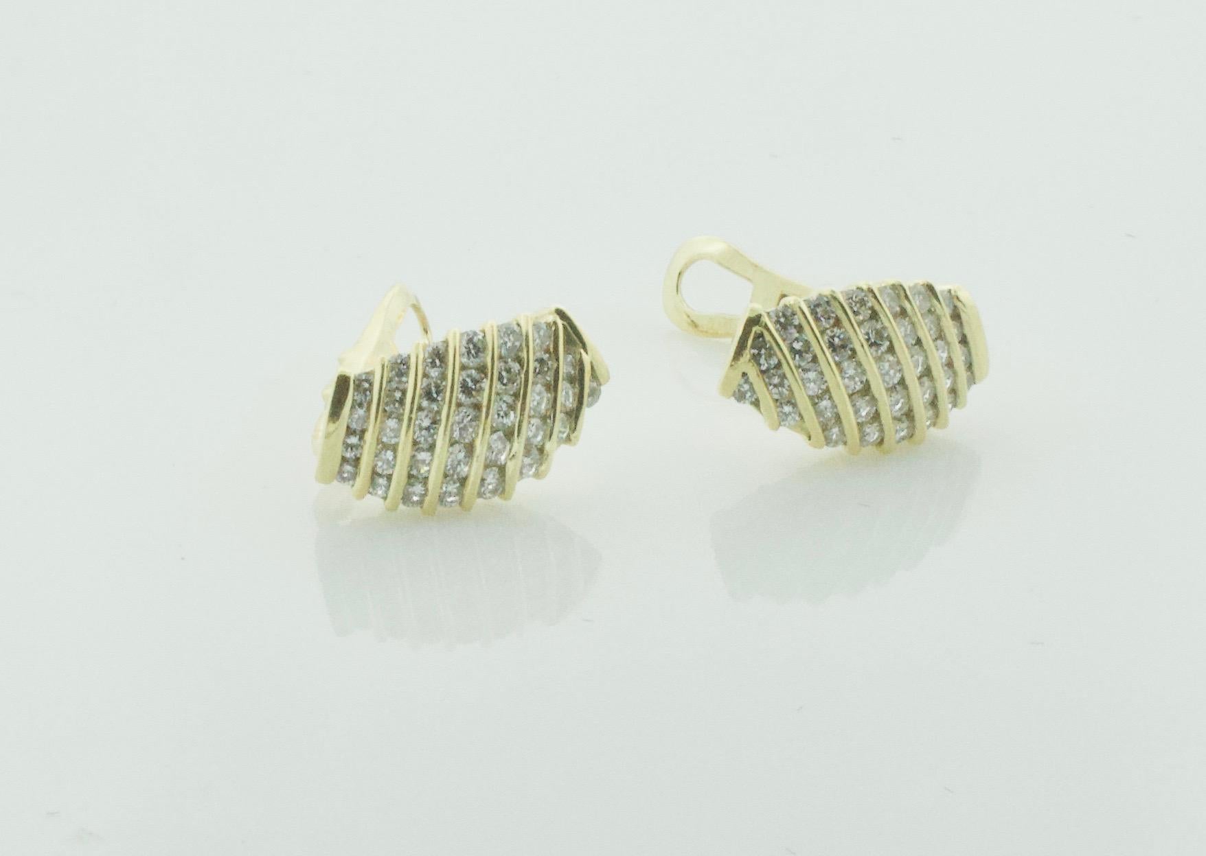 Channel Set Diamond 18k Yellow Gold Earrings 2.00 carats. 
66 Round Brilliant Cut Diamonds Weighing 2.00 Carats Approximately [GH - VVS-VS1]
Clip On.  Posts can be added by us or a qualified jeweler 