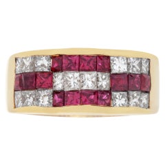 Channel Set Diamond and Ruby Ring in 18k Yellow Gold. 1.12 Carats in Diamonds