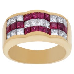 Vintage Channel Set Diamond and Ruby Ring in 18k Yellow Gold. 1.12 Carats in Diamonds