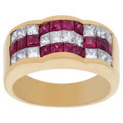 Vintage Channel Set Diamond and Ruby Ring in 18k Yellow Gold, 1.12 Carats in Diamonds