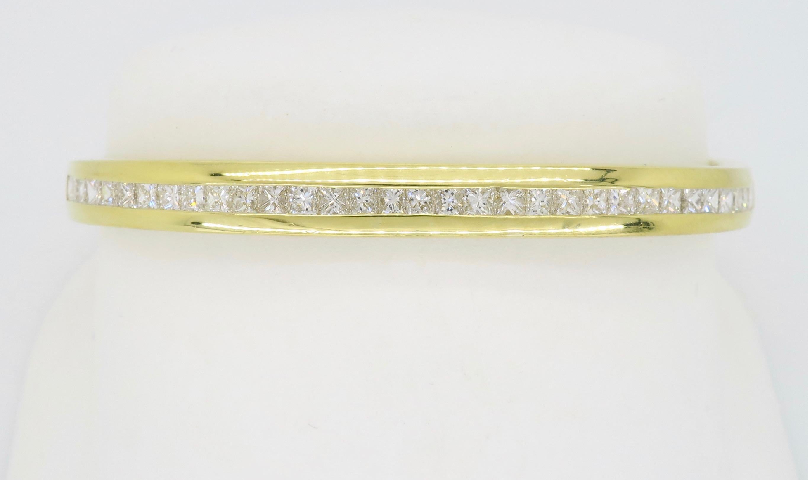 Channel Set Diamond Bangle Bracelet in 18 Karat Yellow Gold In Excellent Condition In Webster, NY