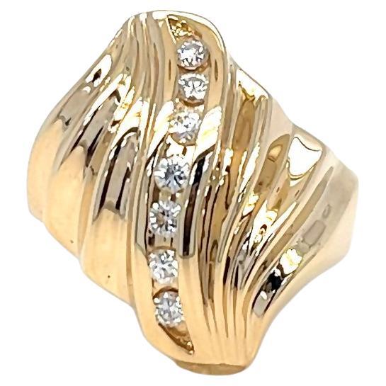 Channel Set Diamond Dinner Ring with Wave Design in Yellow Gold