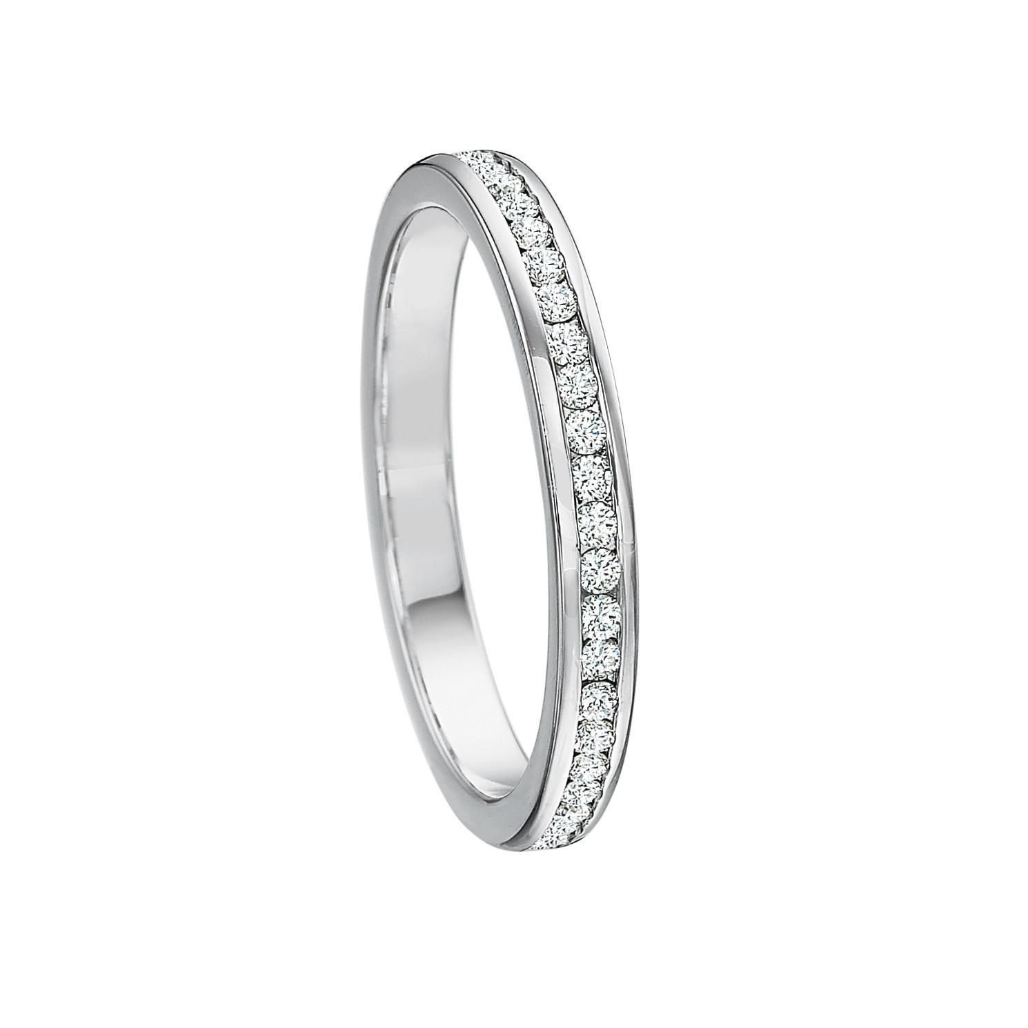 Diamond eternity band ring, showcasing near-colorless round brilliant-cut diamonds channel-set in high-polished platinum.

46 diamonds weighing 0.35 total carats
2.1mm wide
Size 6
