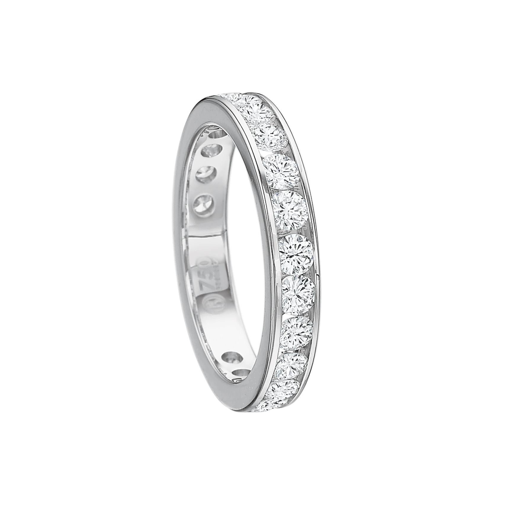 Diamond eternity band ring, showcasing near-colorless round brilliant-cut diamonds channel-set in high-polished platinum.

Twenty-three diamonds weighing 1.50 total carats
3.6mm wide
Size 6
