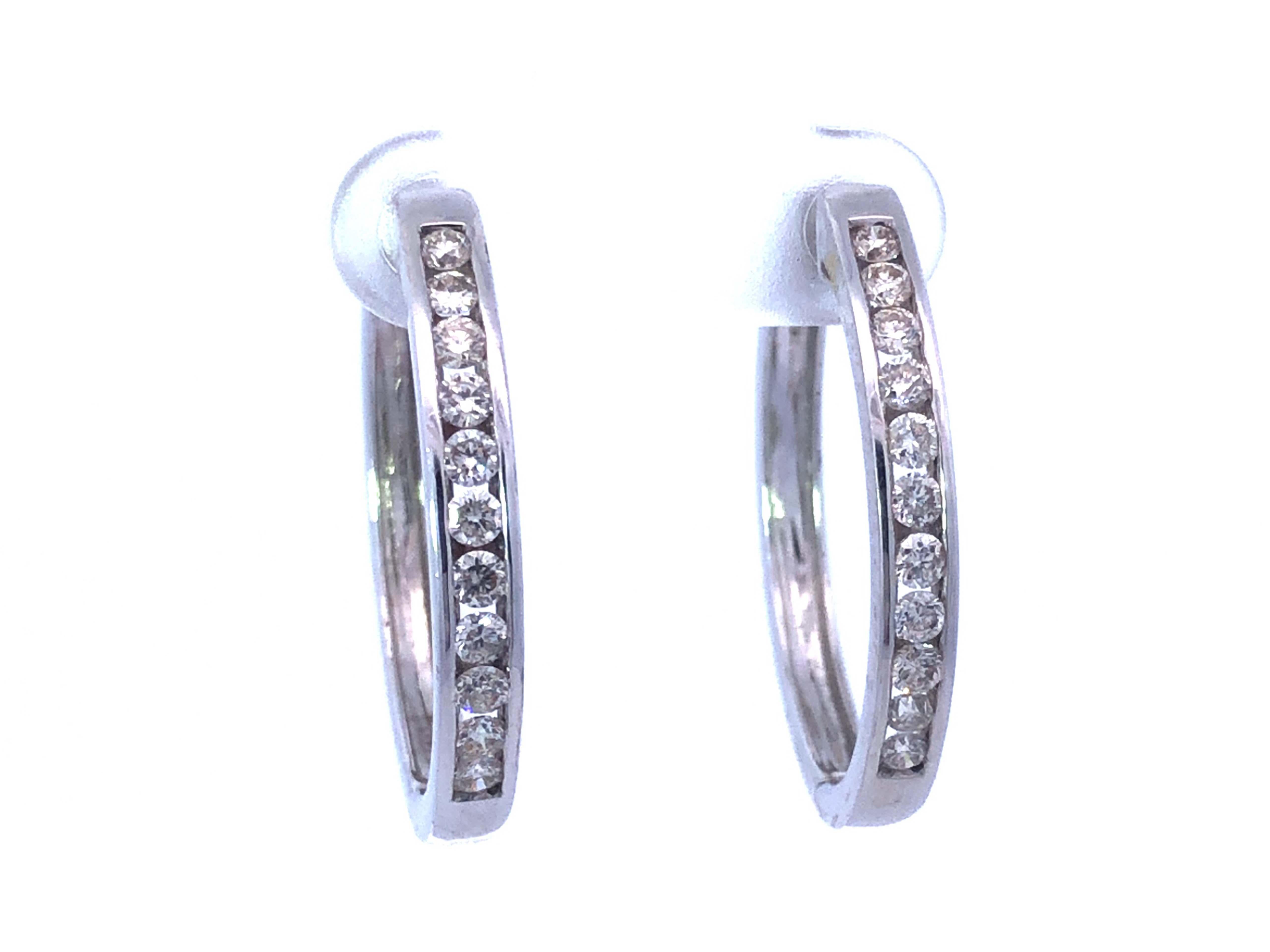 Round Cut Channel Set Diamond Hoop Earrings in 14K White Gold For Sale