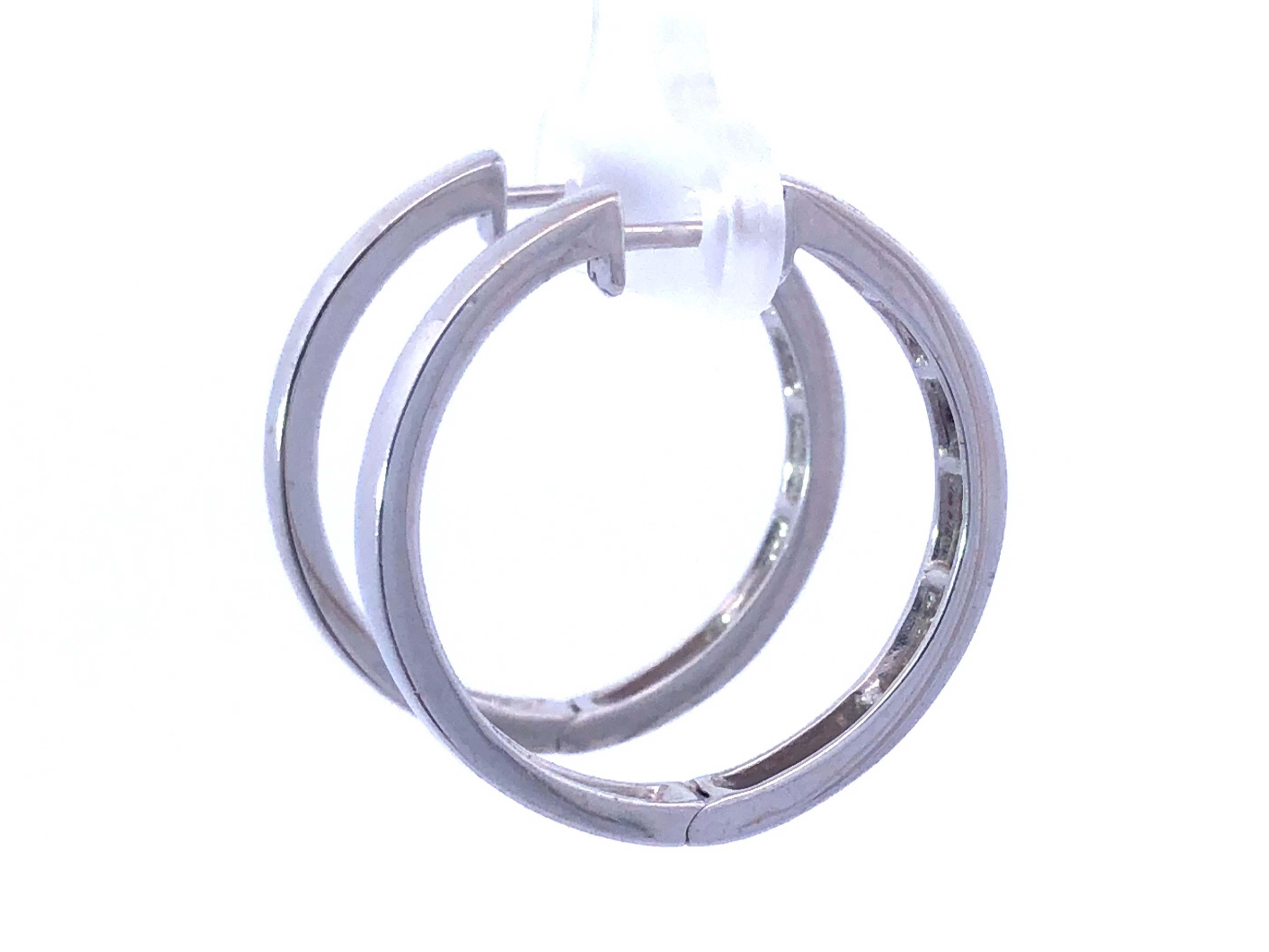 Women's Channel Set Diamond Hoop Earrings in 14K White Gold For Sale