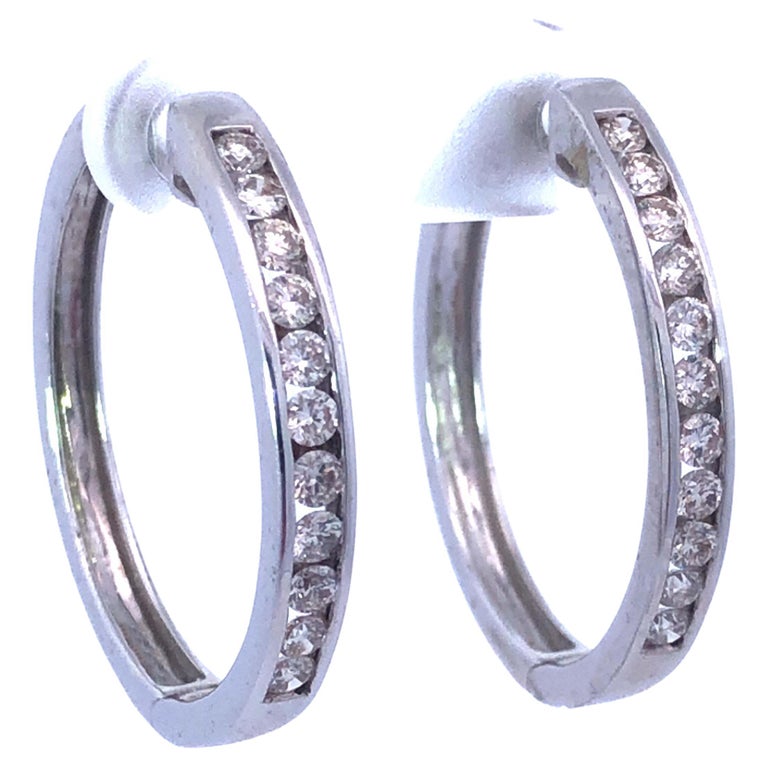 Channel Set Diamond Hoop Earrings in 14K White Gold For Sale at 1stDibs