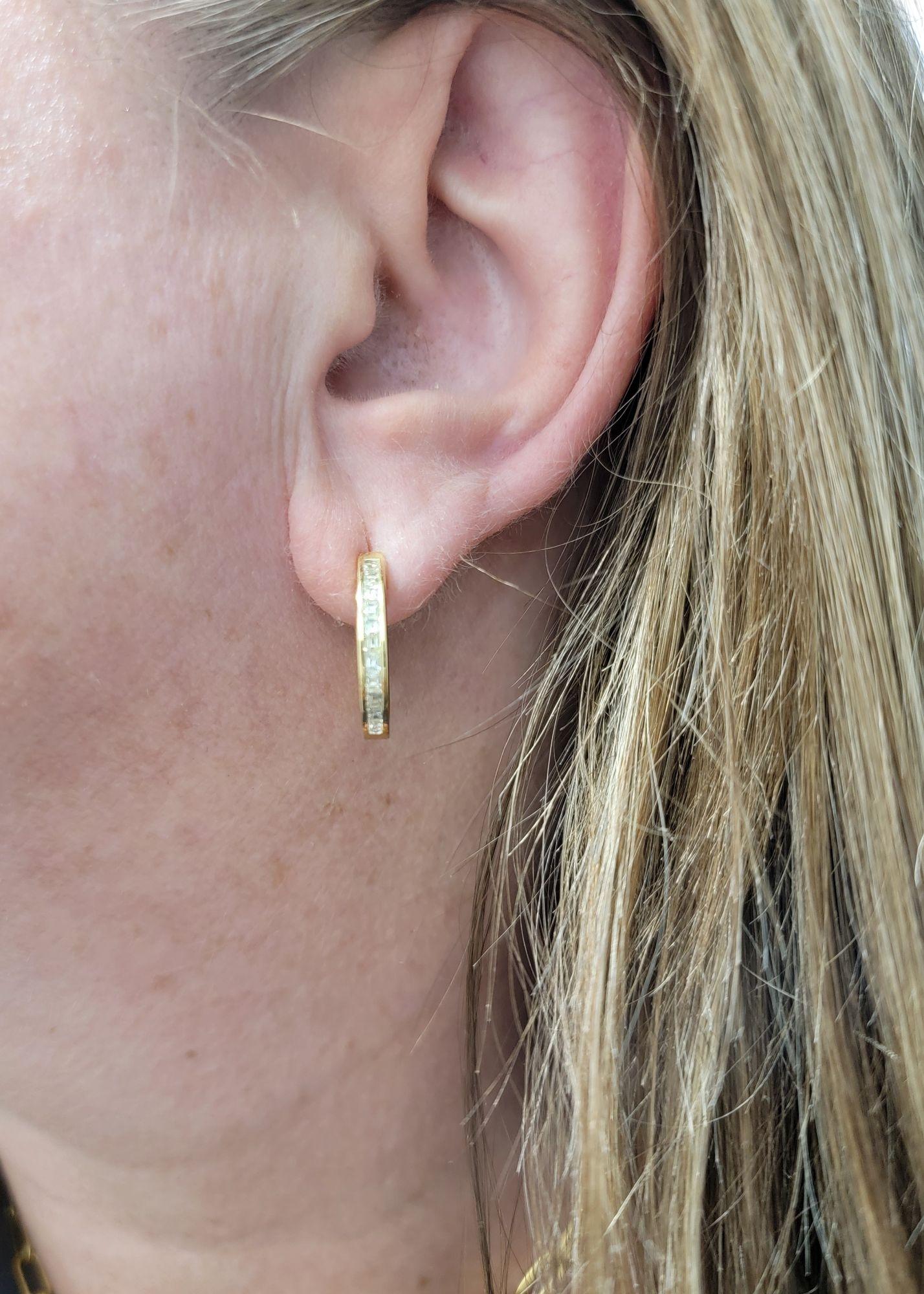 Channel Set Emerald Cut Diamond Huggie Hoop Earrings in 18 Karat Yellow Gold For Sale 5
