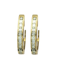 Channel Set Emerald Cut Diamond Huggie Hoop Earrings in 18 Karat Yellow Gold