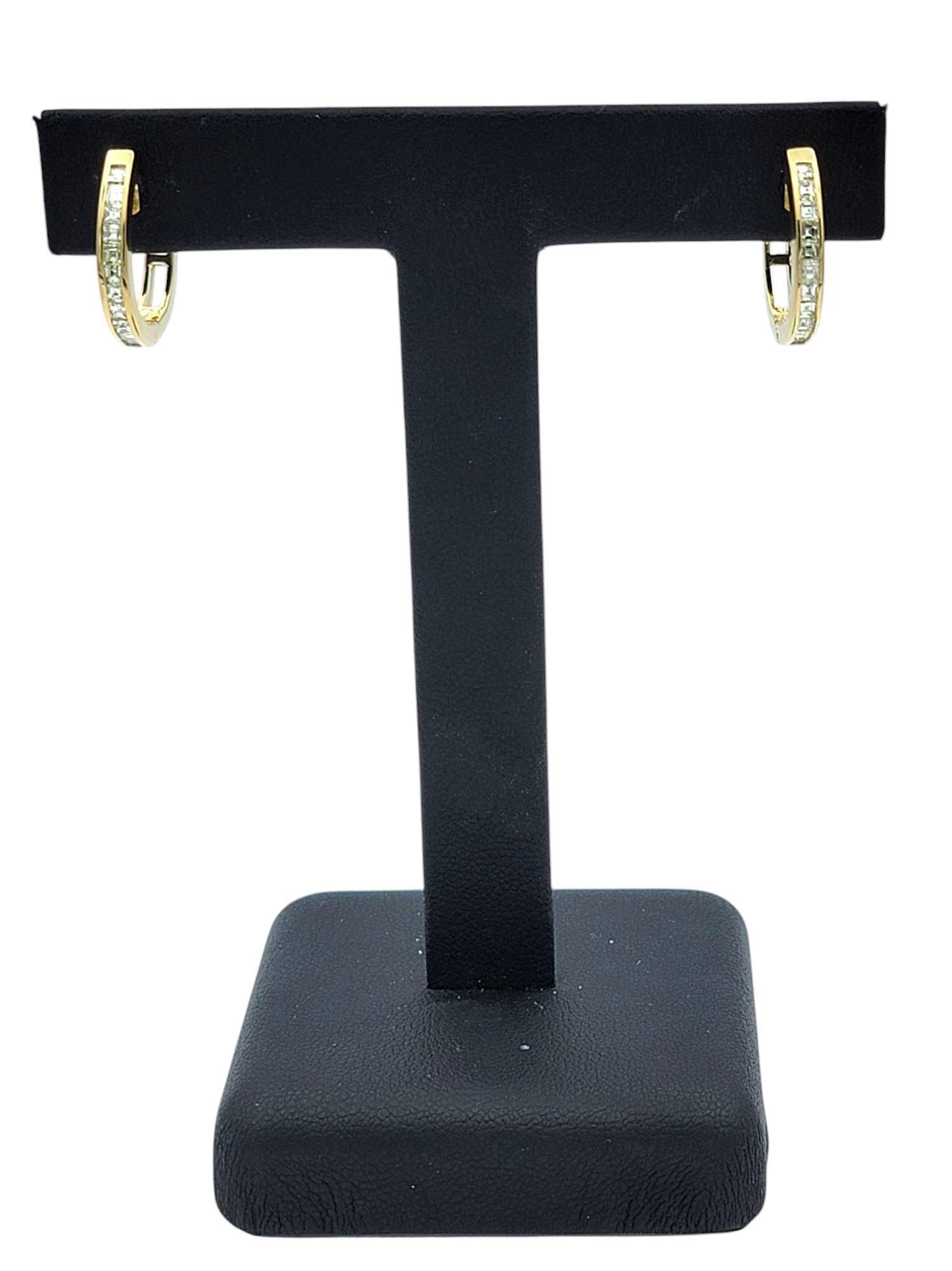 Channel Set Emerald Cut Diamond Huggie Hoop Earrings in 18 Karat Yellow Gold For Sale 4
