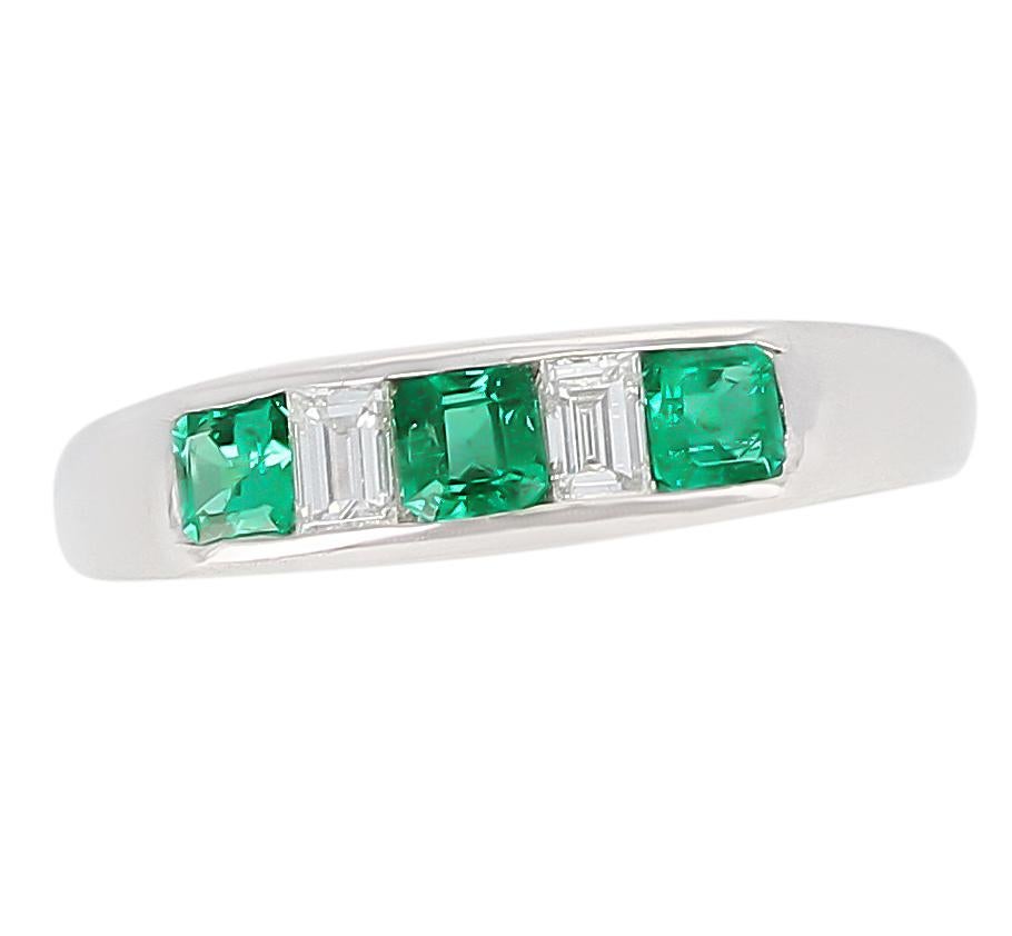 Emerald Cut Channel-Set Invisible Emerald and Diamond Platinum Bridal Ring