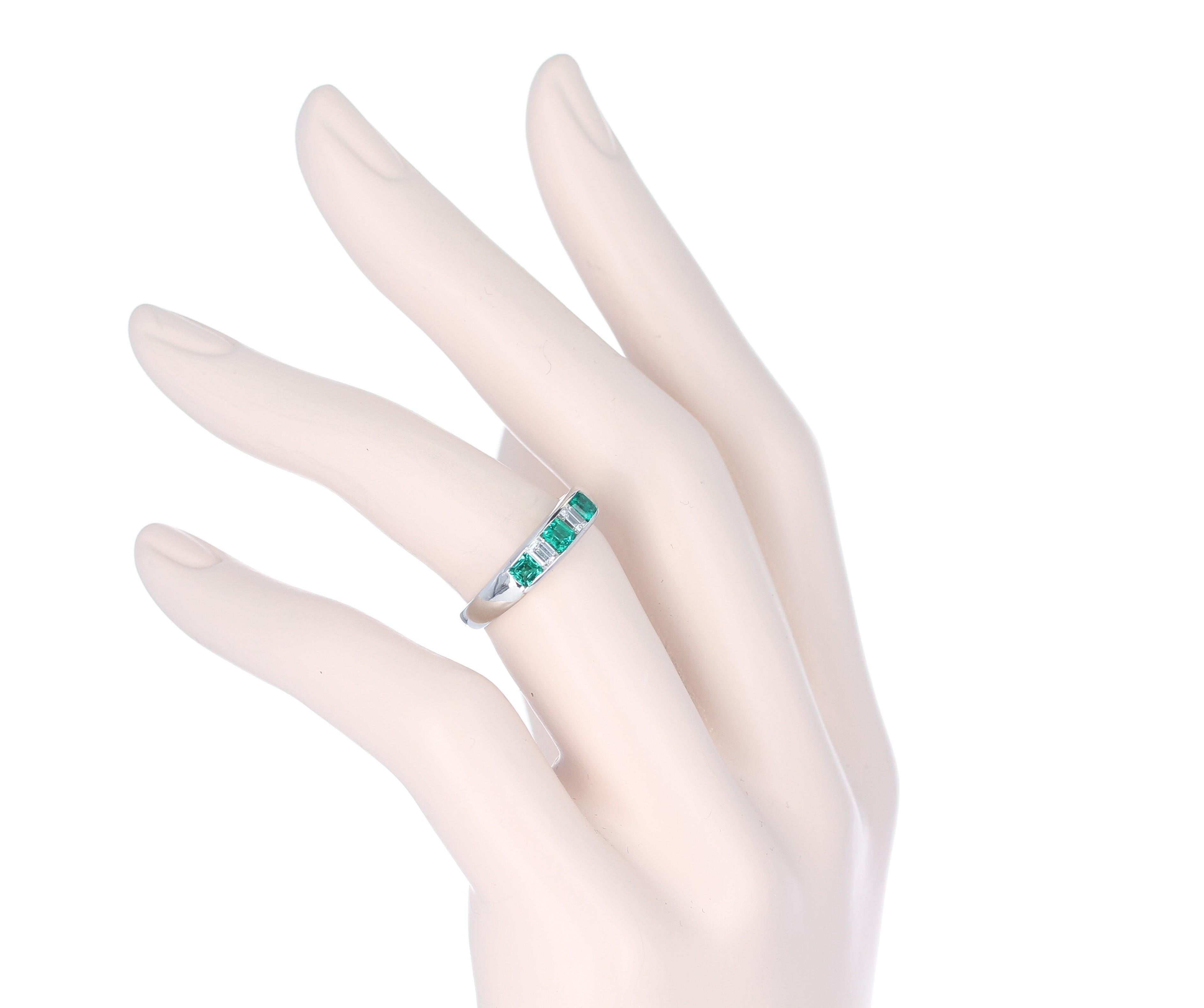 Channel-Set Invisible Emerald and Diamond Platinum Bridal Ring 2