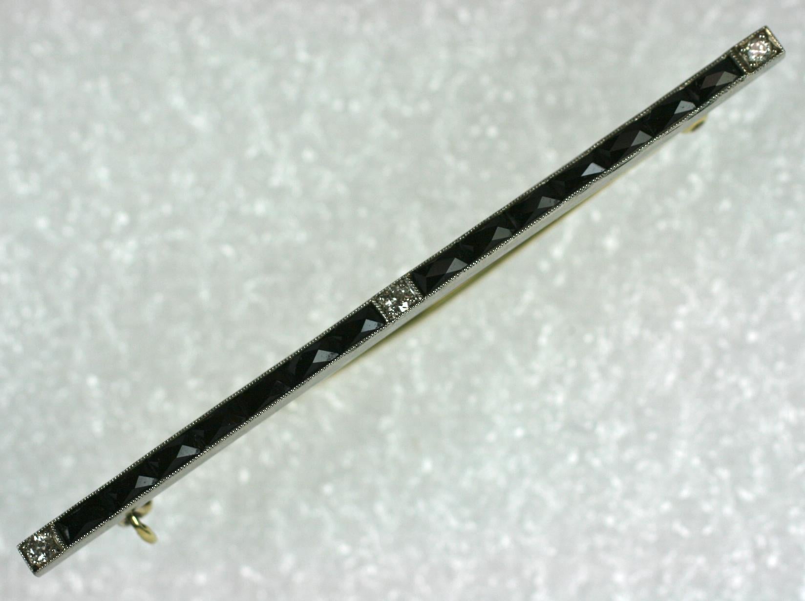 Channel Set Onyx and Diamond Art Deco Bar Pin In Excellent Condition For Sale In New York, NY
