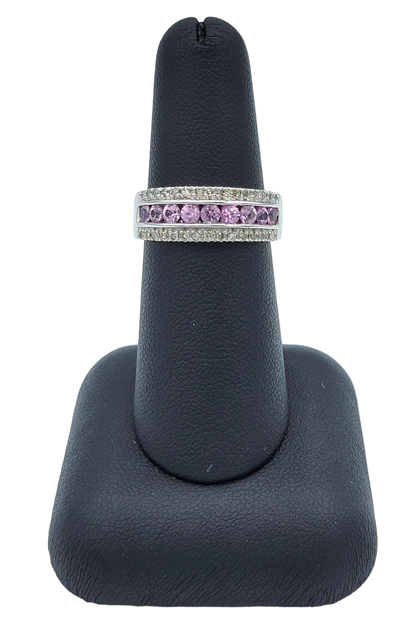 Channel-Set Pink Sapphire and Round Diamond Band Ring Set in 14 Karat White Gold For Sale 4