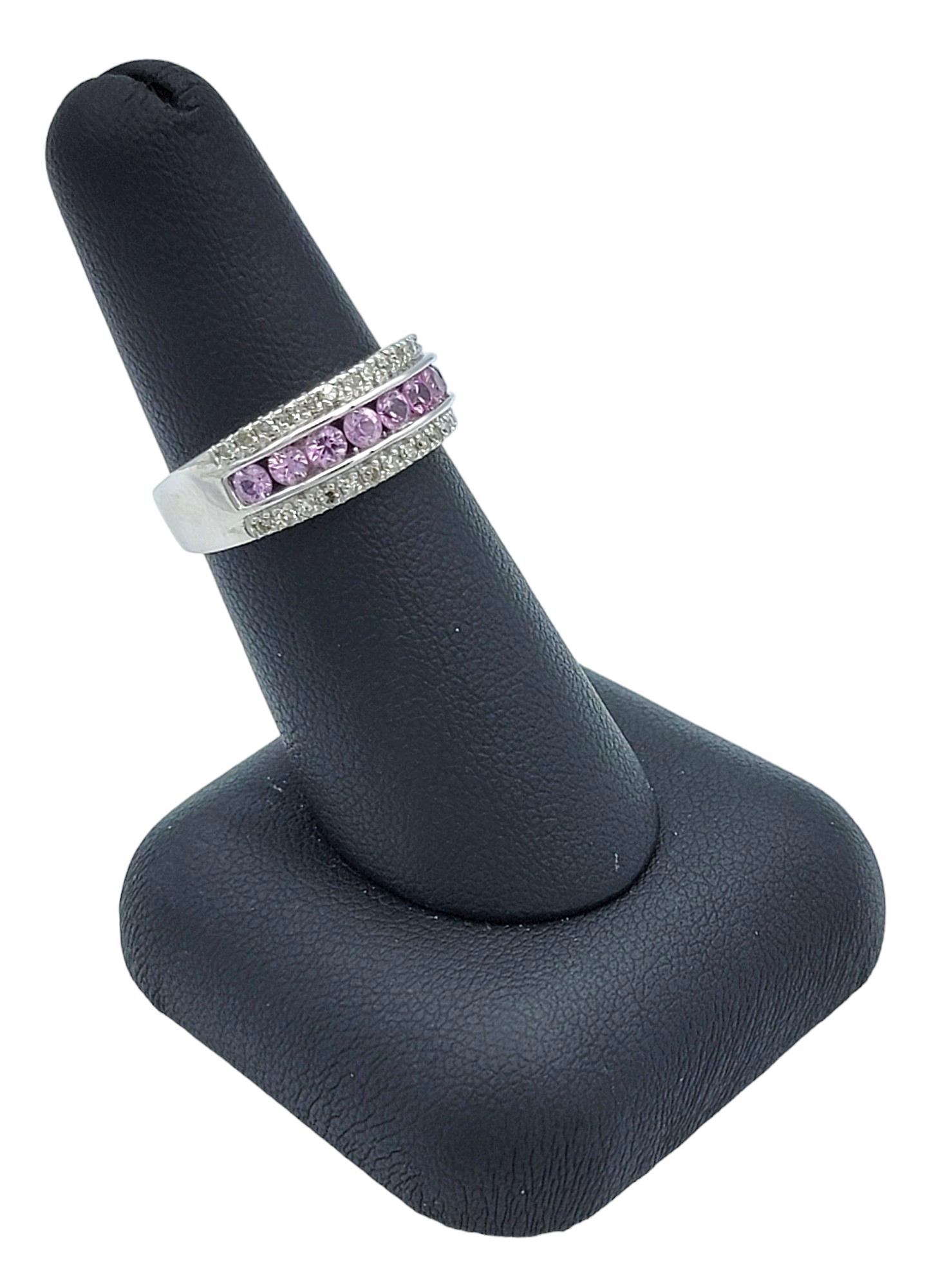 Channel-Set Pink Sapphire and Round Diamond Band Ring Set in 14 Karat White Gold For Sale 5