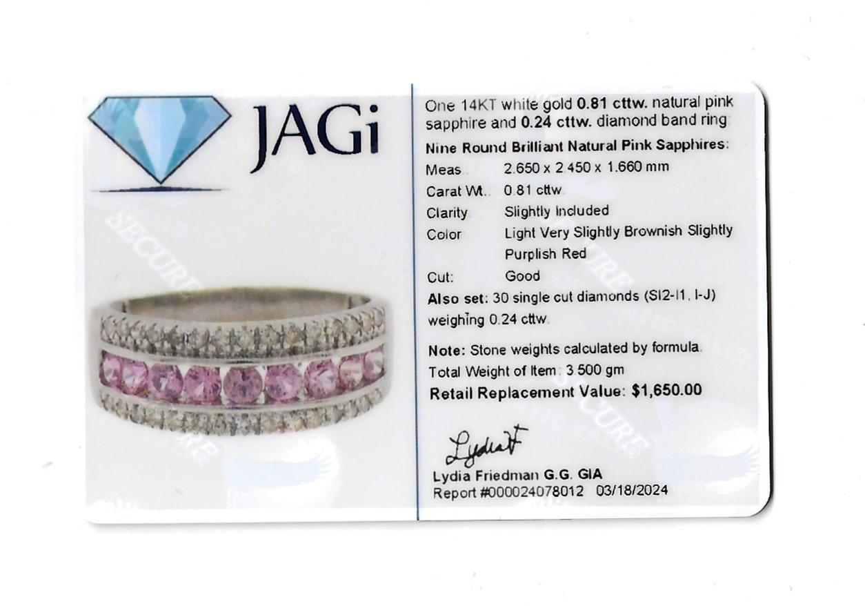 Channel-Set Pink Sapphire and Round Diamond Band Ring Set in 14 Karat White Gold For Sale 6